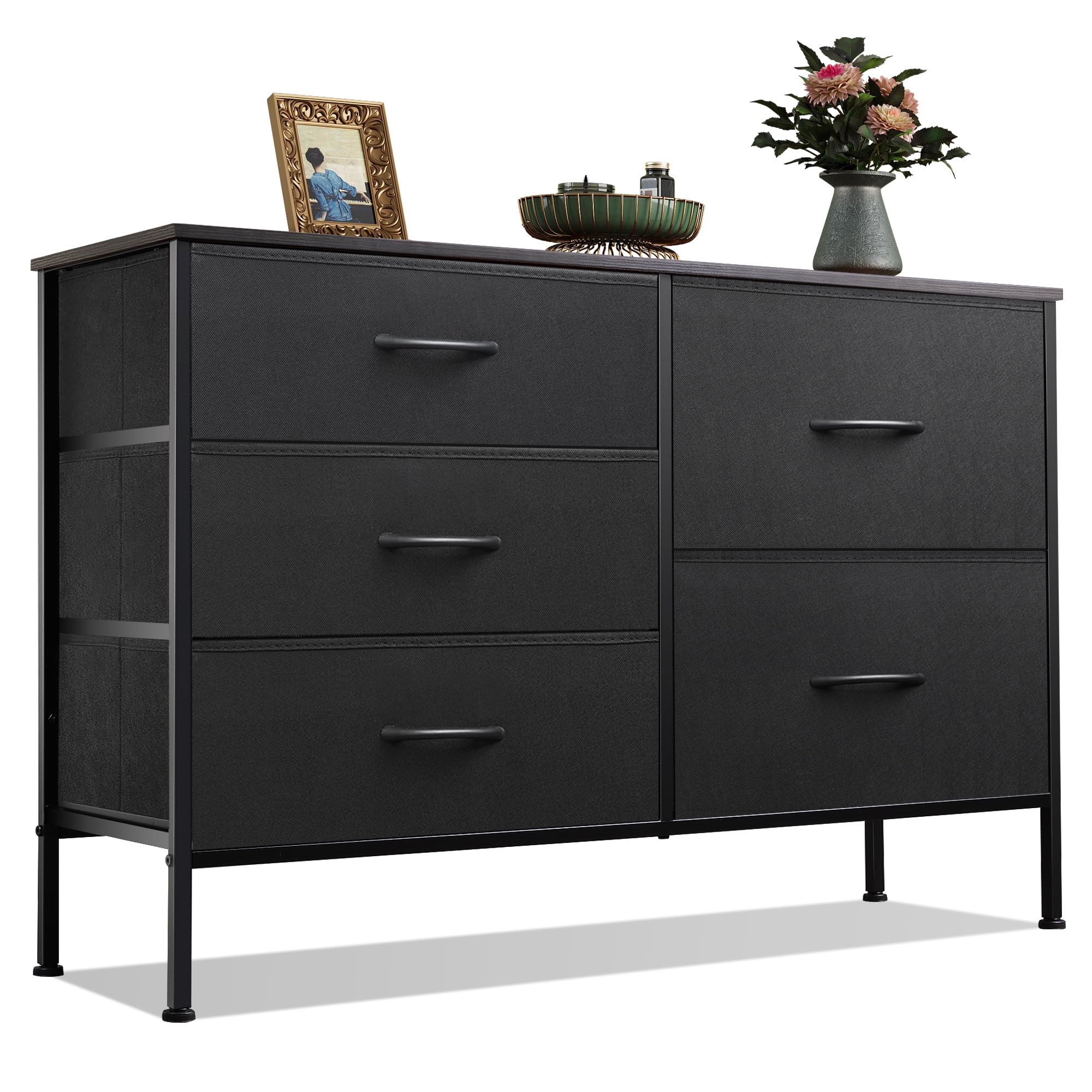 Wlive Dresser For Bedroom With 5 Drawers, Wide Bedroom Dresser With Drawer Organizers, Chest Of Drawers, Fabric Dresser For Living Room, Closet, Hallway, Charcoal Black