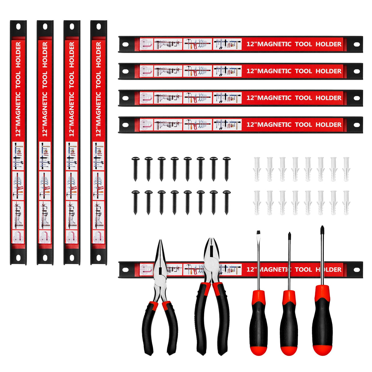 12'' Magnet Tool Holders Storage Organizer, 8 Pack Wall Mount Magnetic Tool Strips, Metal Magnet Tool Organizer Bars For Garage,