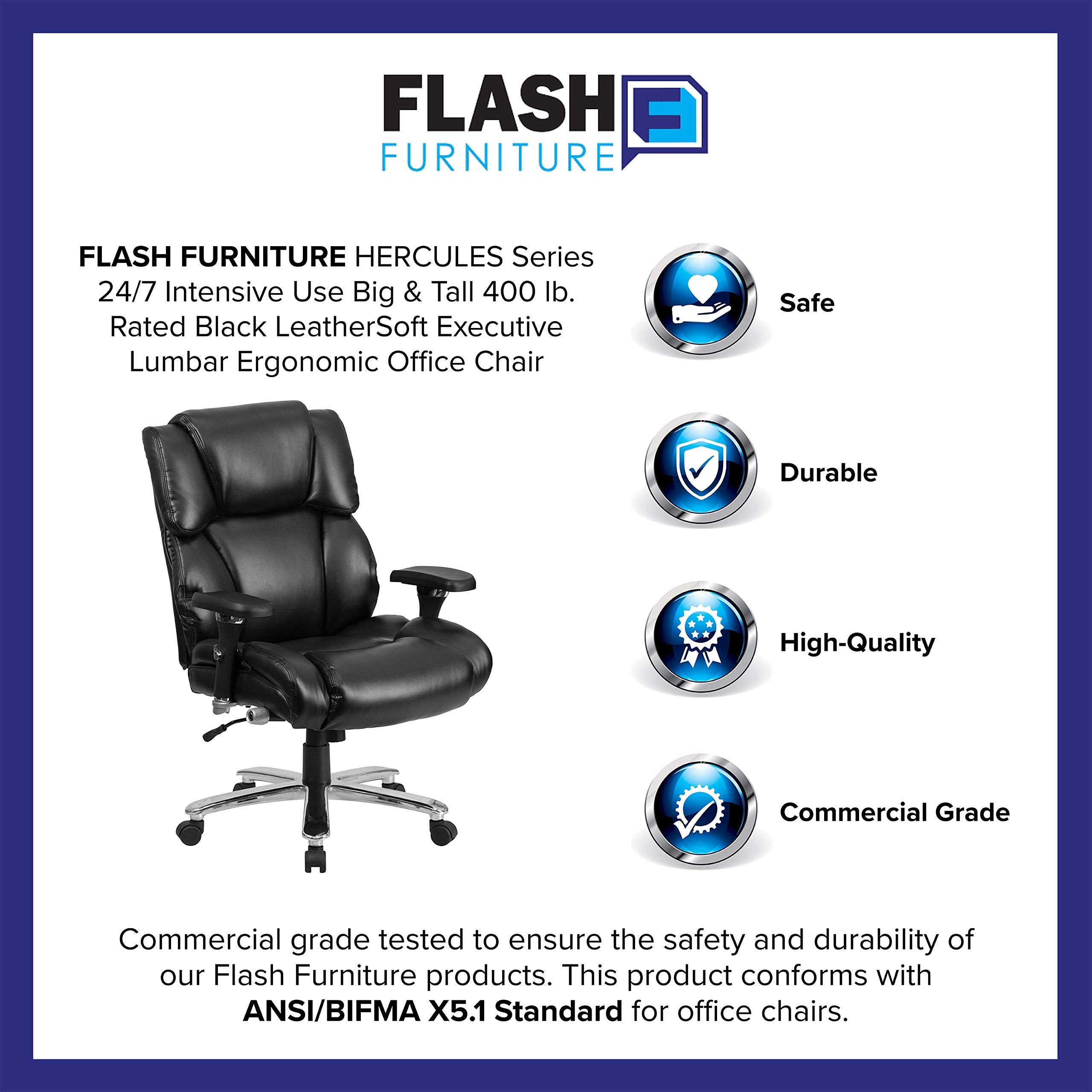Flash Furniture Hercules Series 24/7 Intensive Use LeatherSoft Swivel Office Chair, Ergonomic High-Back Executive Chair with Padded Seat/Arms, Black