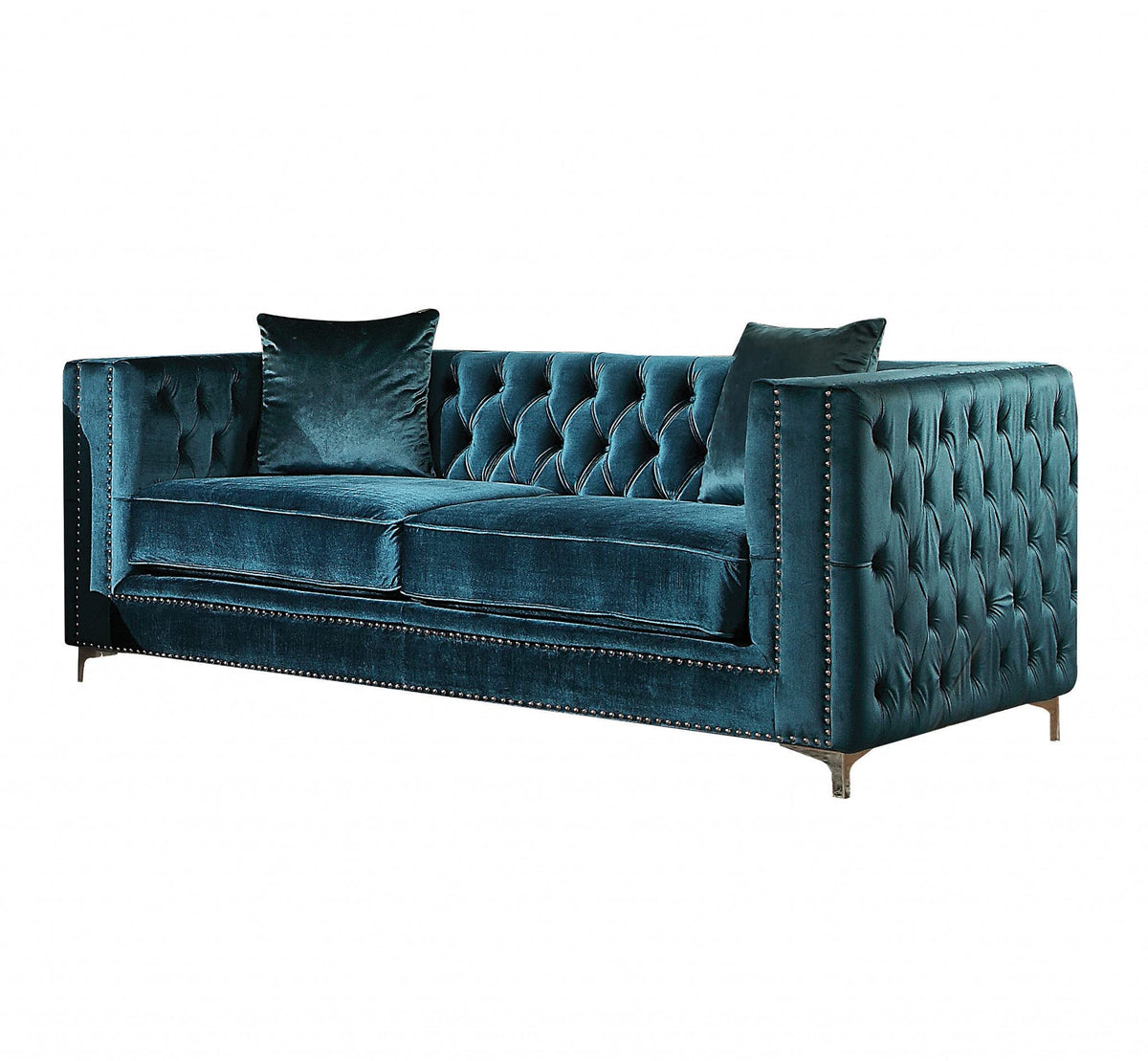 HomeRoots Dark Teal Velvet Upholstery, Metal Leg Dark Teal Velvet Loveseat with 2 Pillows