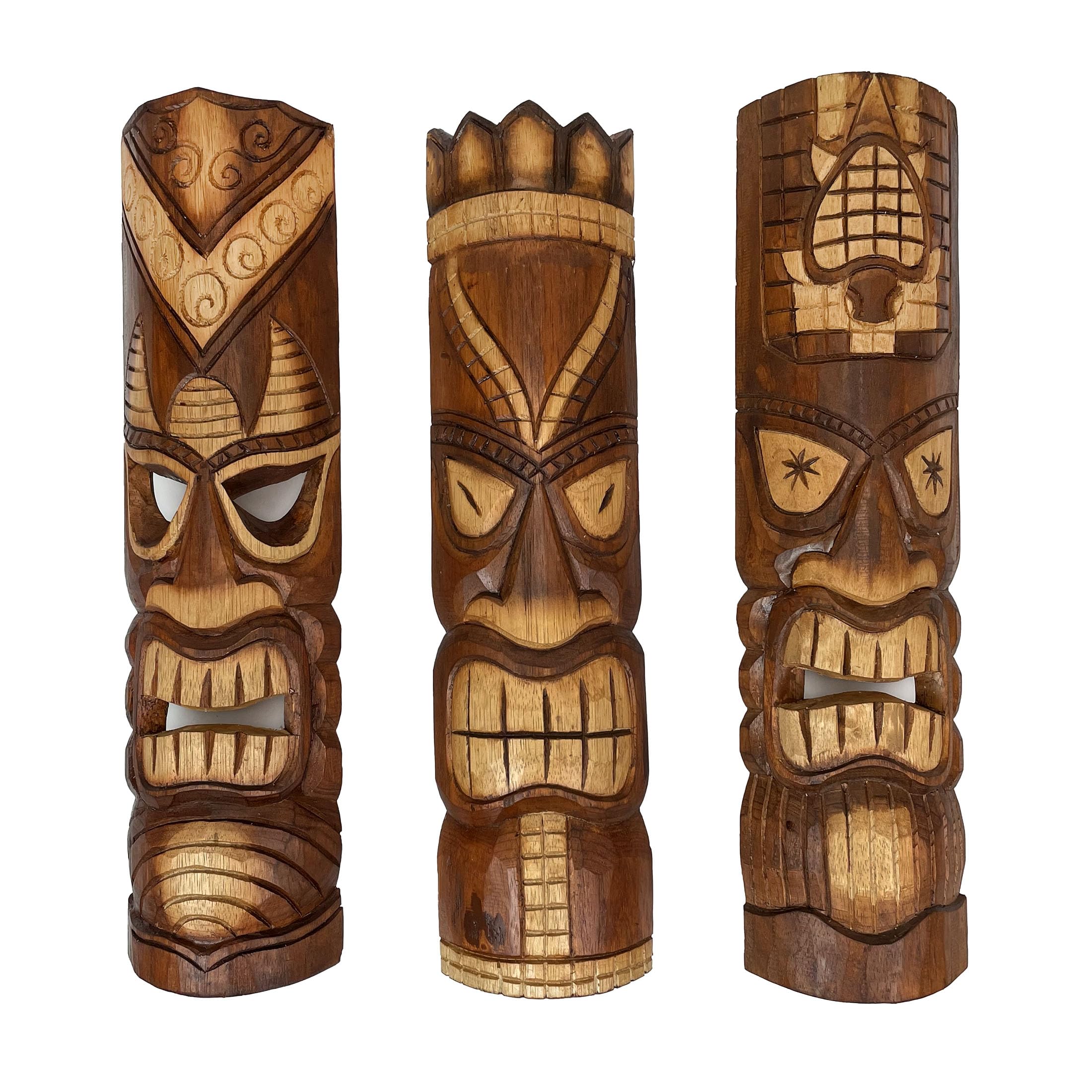 Set of 3 Exquisite 24-Inch High Hand-Carved Tiki Mask Wall Hanging Sculptures - Artisan Crafted - Perfect Polynesian Designs for