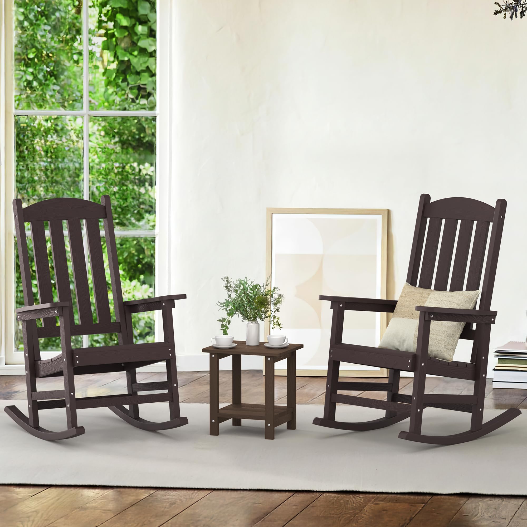 Lue Bona Outdoor Rocking Chairs Set Of 4, Hdps Poly Rocking Chair, All Weather Resistant Plastic Outdoor Indoor Porch Rocker, Heavy Duty Rocking Chair For Patio, Lawn, Garden, 300Lbs, Espresso