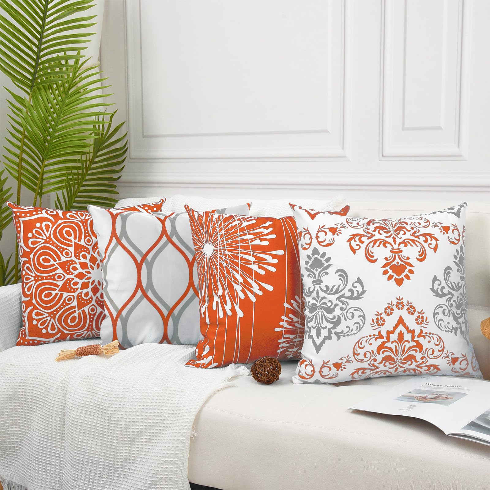 Coliuso Decorative Throw Pillow Covers 18X18 Inch Set Of 4,Orange And White Modern Simple Square Pillow Case Cushion Cover For S