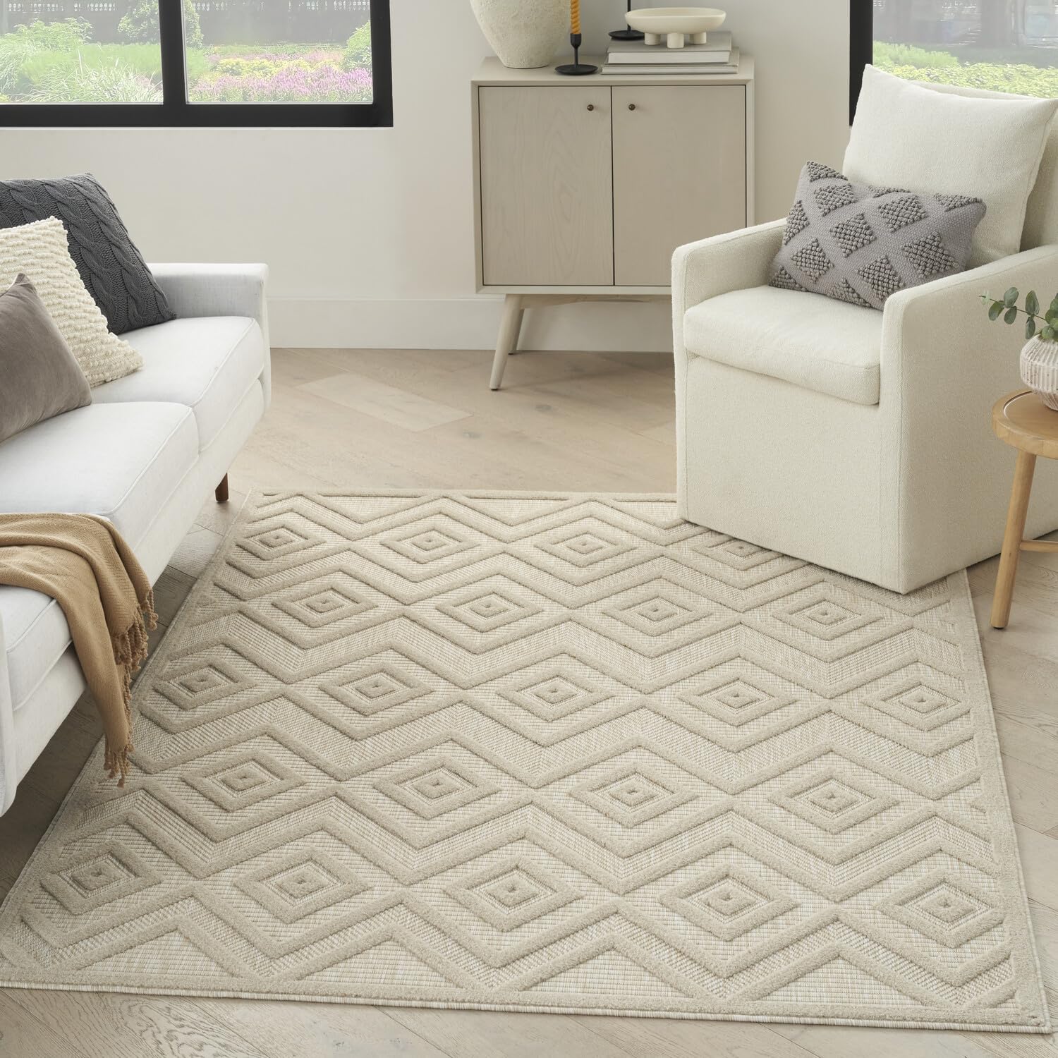 Nourison Versatile Indoor/Outdoor Cream 5' X 7' Area Rug, Easy Cleaning, Non Shedding, Bed Room, Living Room, Dining Room, Backyard, Deck, Patio (5X7)