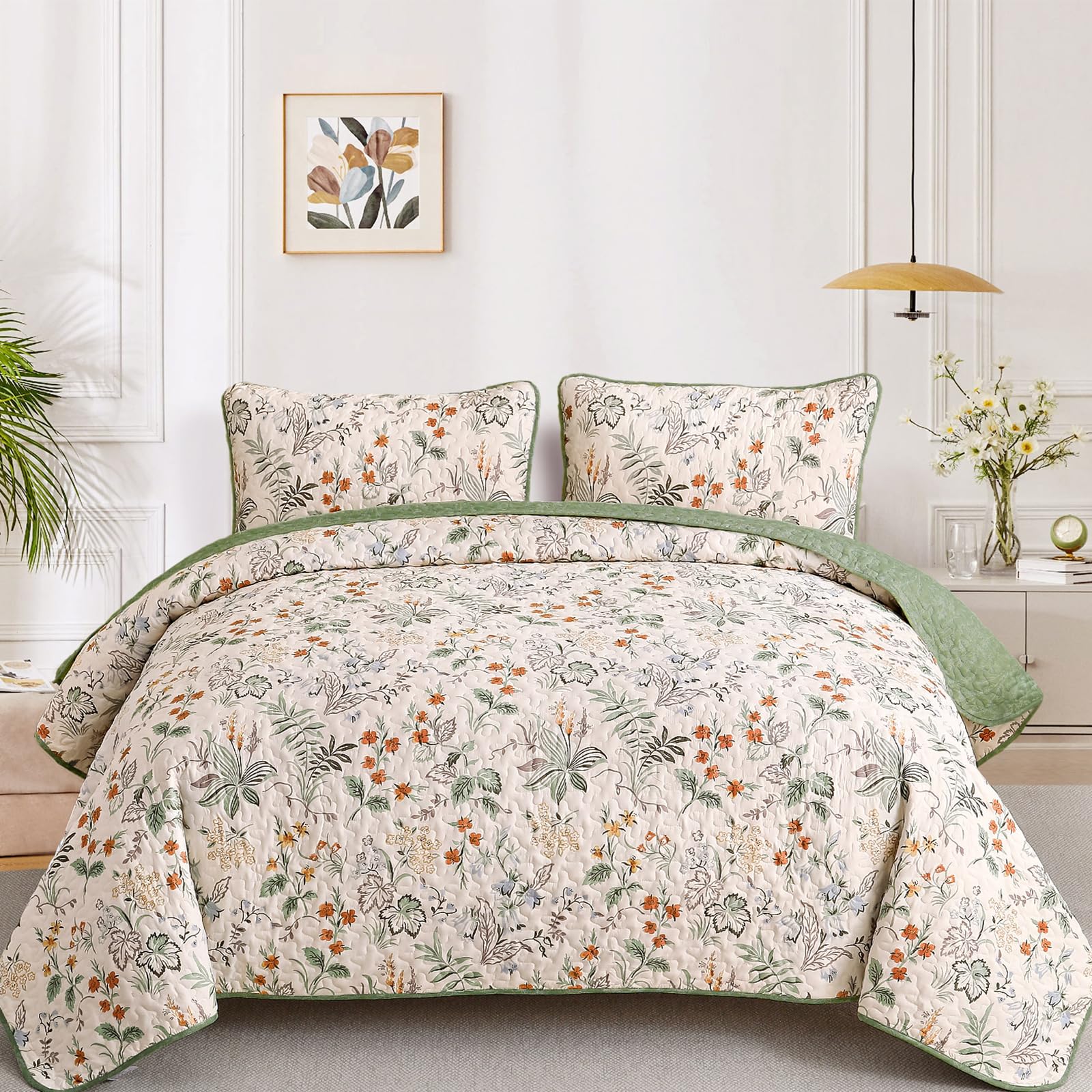 Green Quilt Set King Size,Botanical Reversible Bedspread Soft Microfiber Lightweight King Size Coverlet For All Season 104'X90'