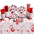 Halloween Party Supplies Include Bloody Zombie Tablecloth, Paper Plates, Cups, Straw, Napkins, Spoon, Fork, knives, Horror Hallo