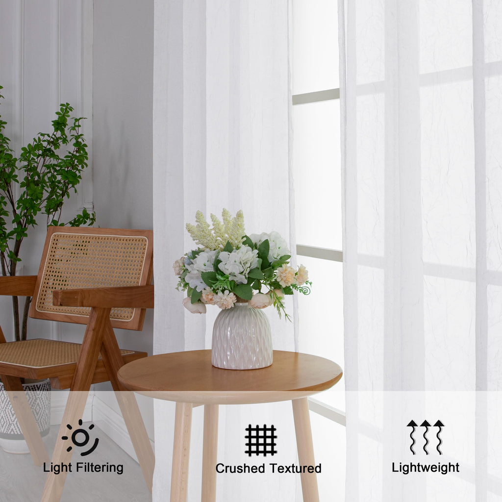 Chyhomenyc Crushed Sheer White Curtains 72 Inch Length 2 Panels, Light Filtering Solid Crinkle Voile French Door Curtian For Bed