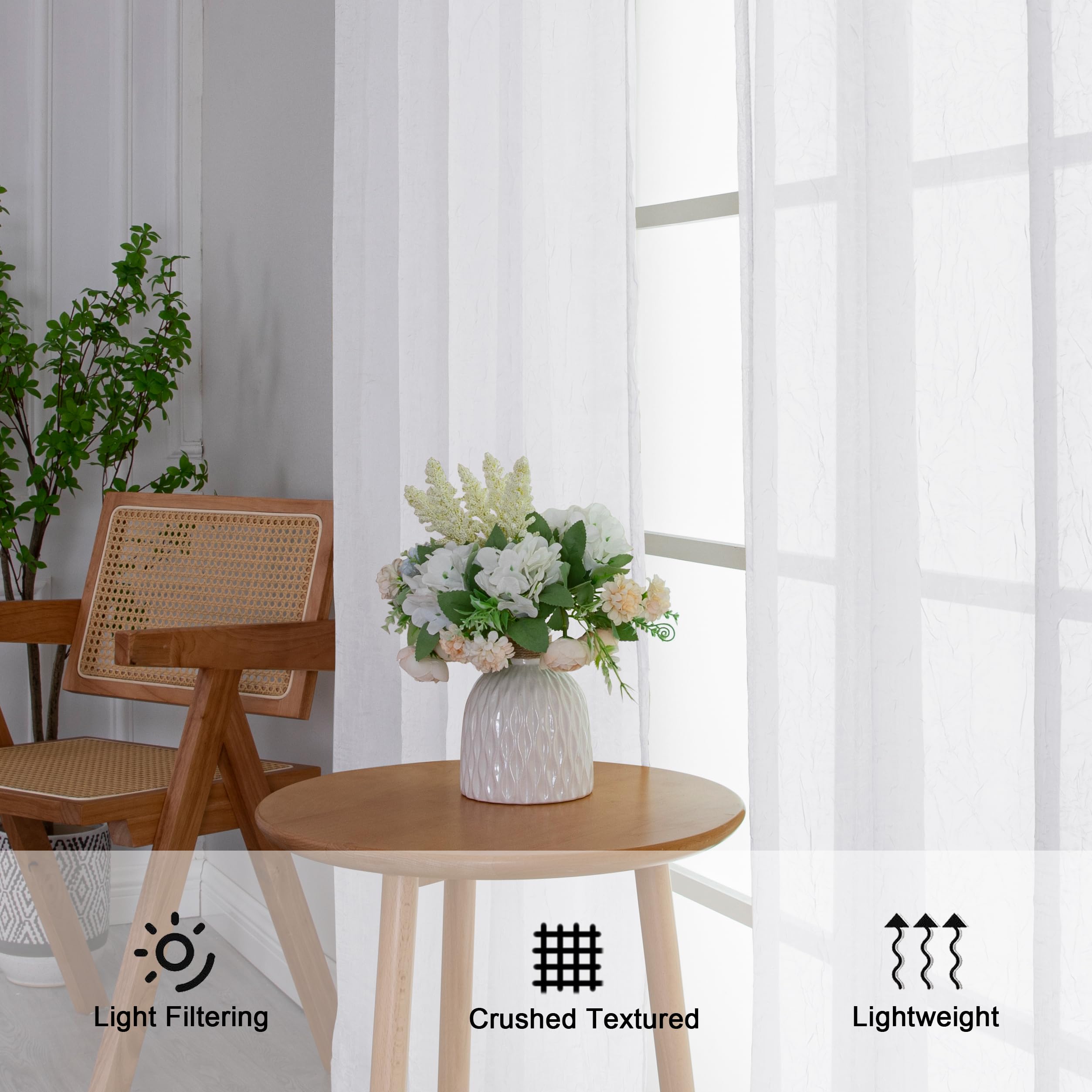 Chyhomenyc Crushed Sheer White Curtains 72 Inch Length 2 Panels, Light Filtering Solid Crinkle Voile French Door Curtian For Bed