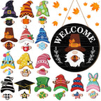 Qunclay Interchangeable Black Wooden Gnome Hanging Decor Seasonal Decorative with Magnet Swappable Pieces Detachable Hat and Han