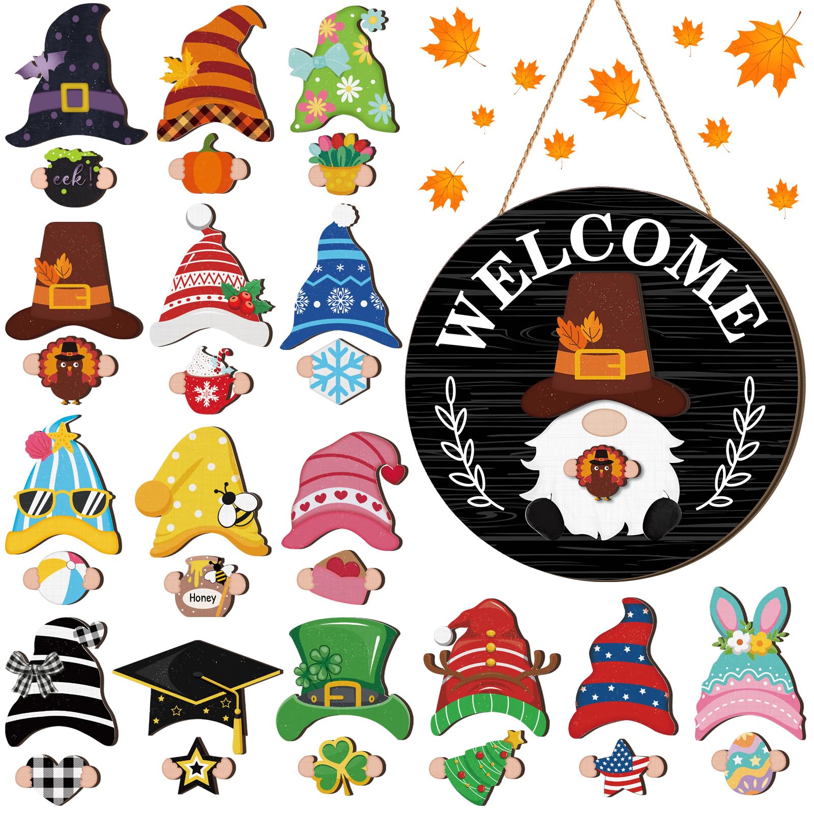 Qunclay Interchangeable Black Wooden Gnome Hanging Decor Seasonal Decorative with Magnet Swappable Pieces Detachable Hat and Han