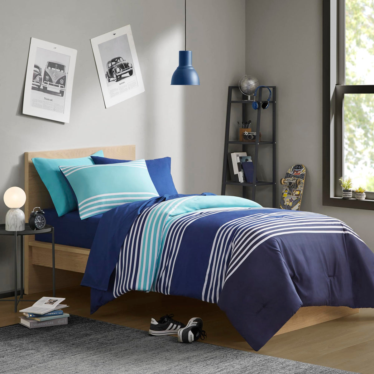 Comfort Spaces Twin Comforter Sets With Sheets - Bed In A Bag 6 Pieces Teen Bedding Sets Twin, Navy And Grey Stripes Bedding Twi