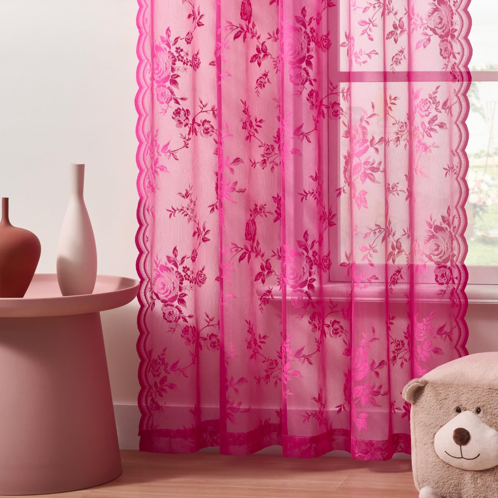 Raspberry Lace Curtains 96 Inches Long 2 Panels Vintage Floral Curtains for Living Room Botanical Embroidery Rod Pocket Light Fi