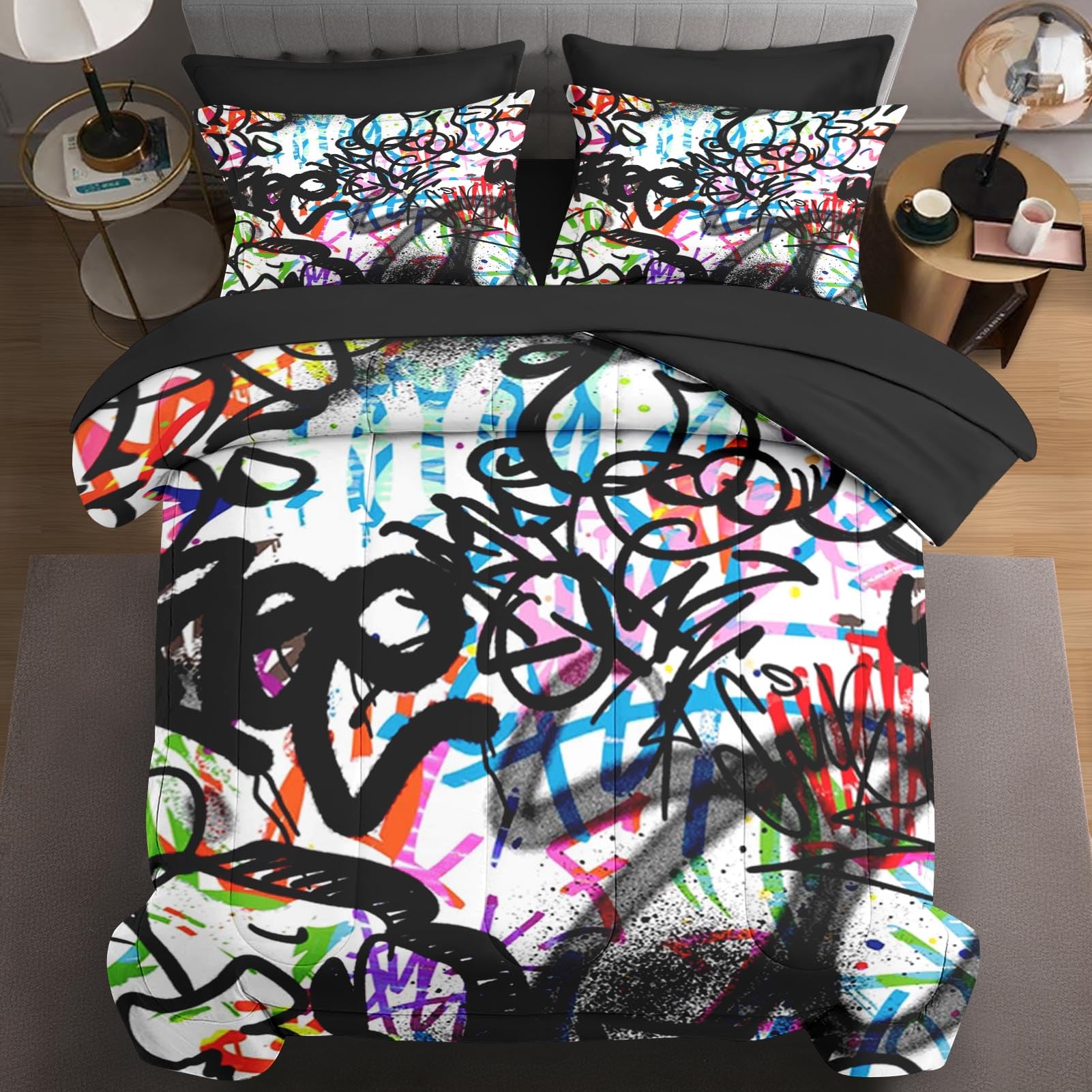 Wecozy 7 Pcs Full Size Comforter Set With 2 Pillowcases & 2 Shams, Urban Skateboard Bedding For Kids And Adults, Music Abstract