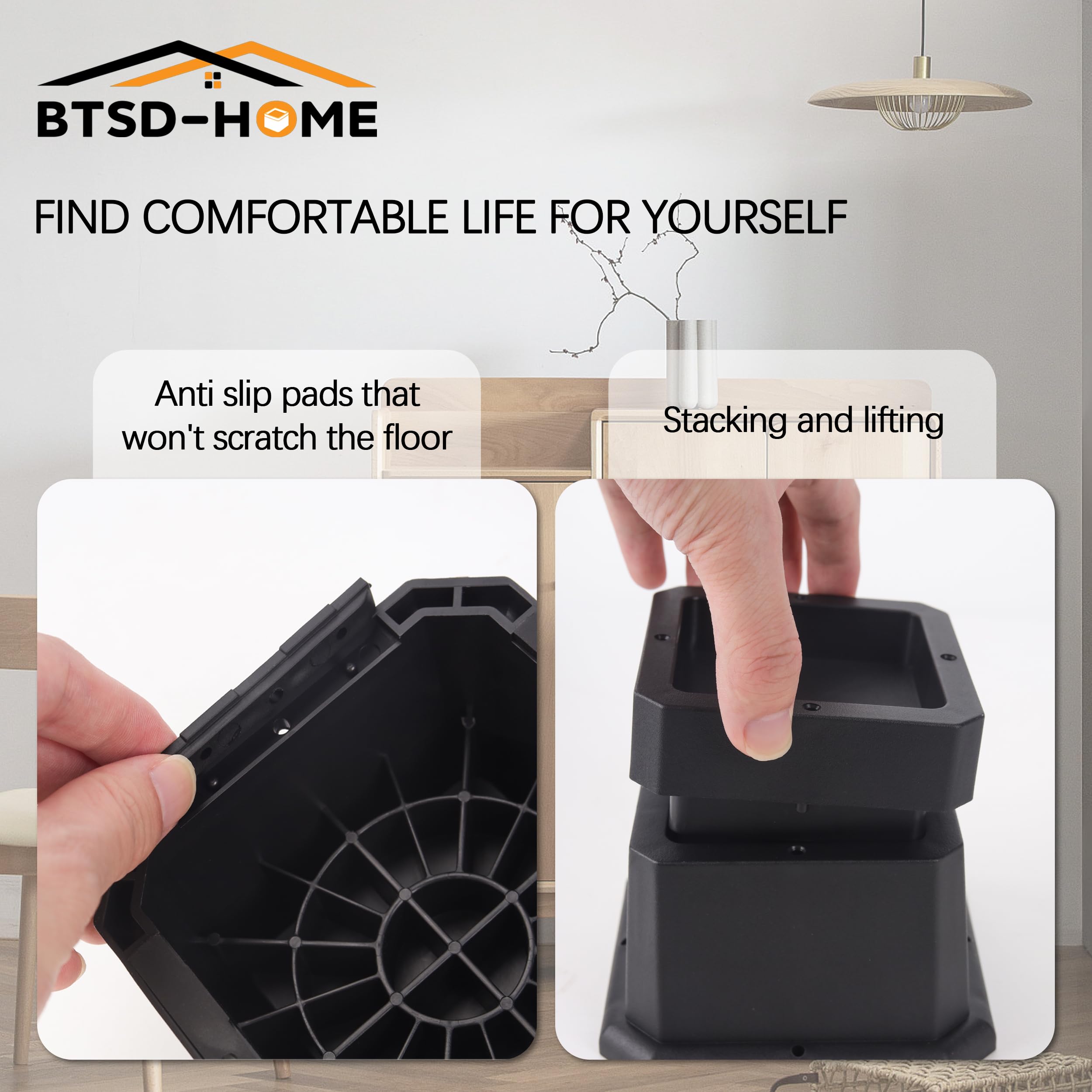 Btsd-Home Furniture Risers 3 Inch Bed Risers Heavy Duty Adjustable Dorm Bed Lifts Risers Table Desks Legs Blocks 8 Pack Black