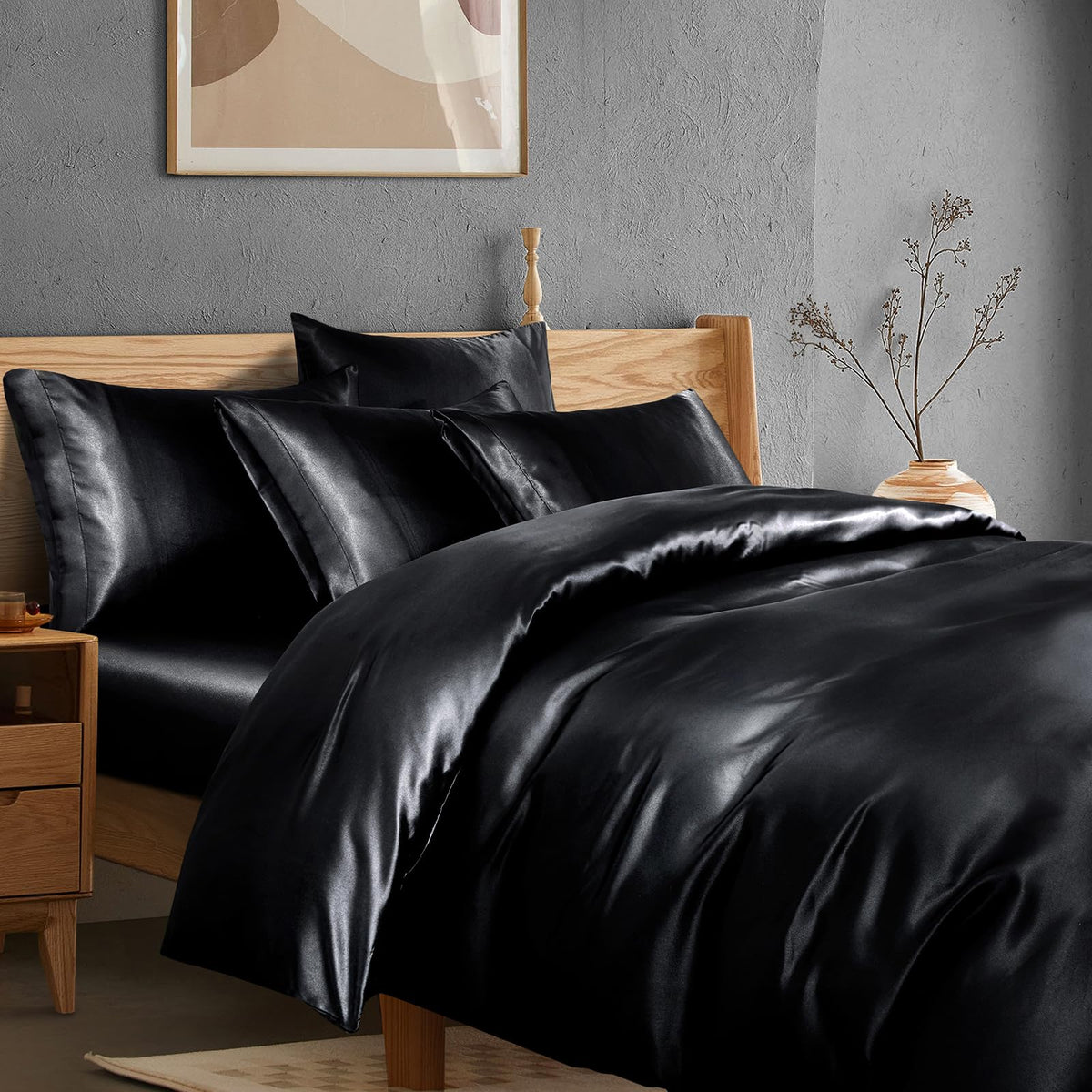 Manyshofu 6Pcs Black Duvet Cover Set King Size With Satin Fitted Sheet - Not Comforter, Cooling & Silky Comforter Cover Set Sati