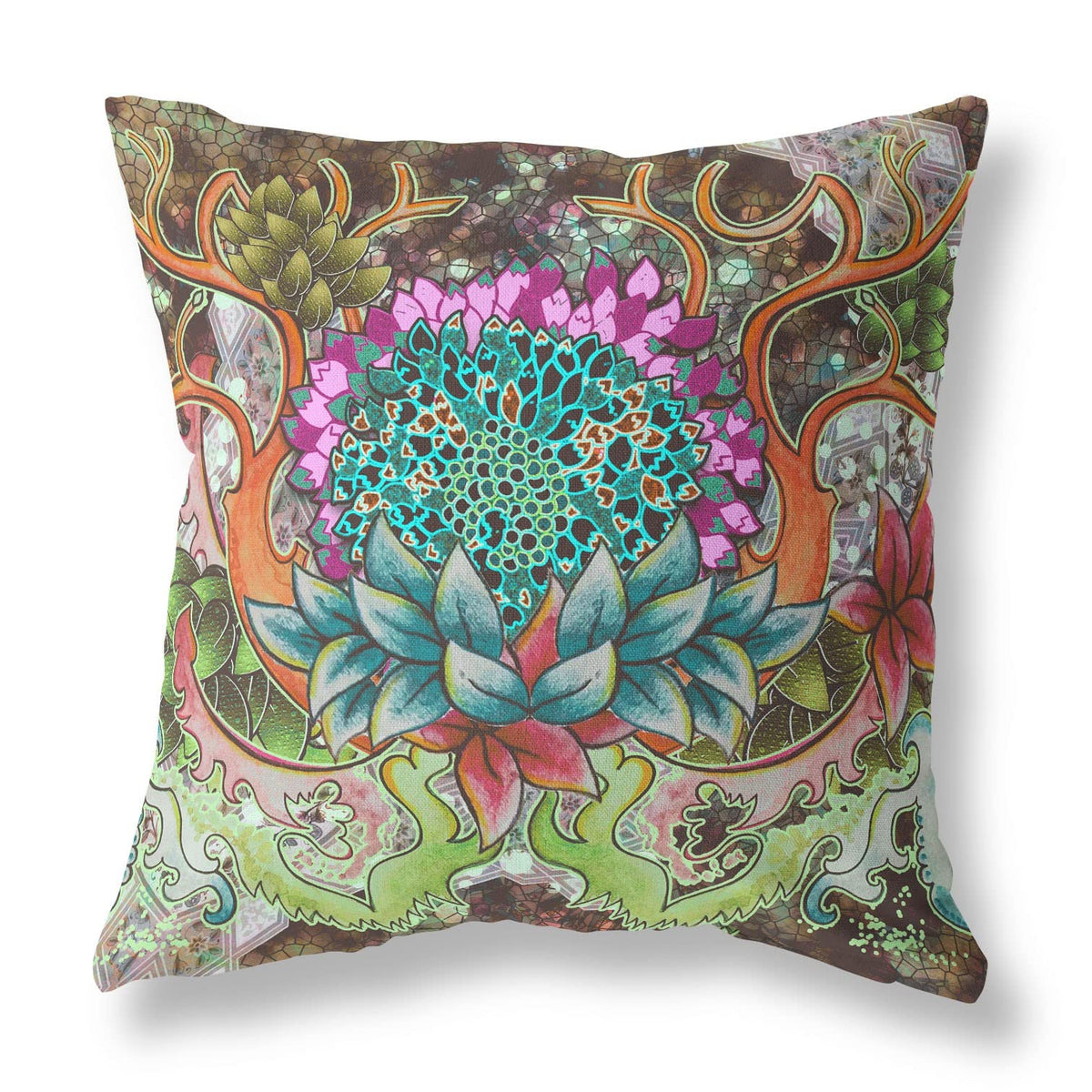 HomeRoots Green Pink Blue 18â€ Green Orange Flower Bloom Suede Throw Pillow