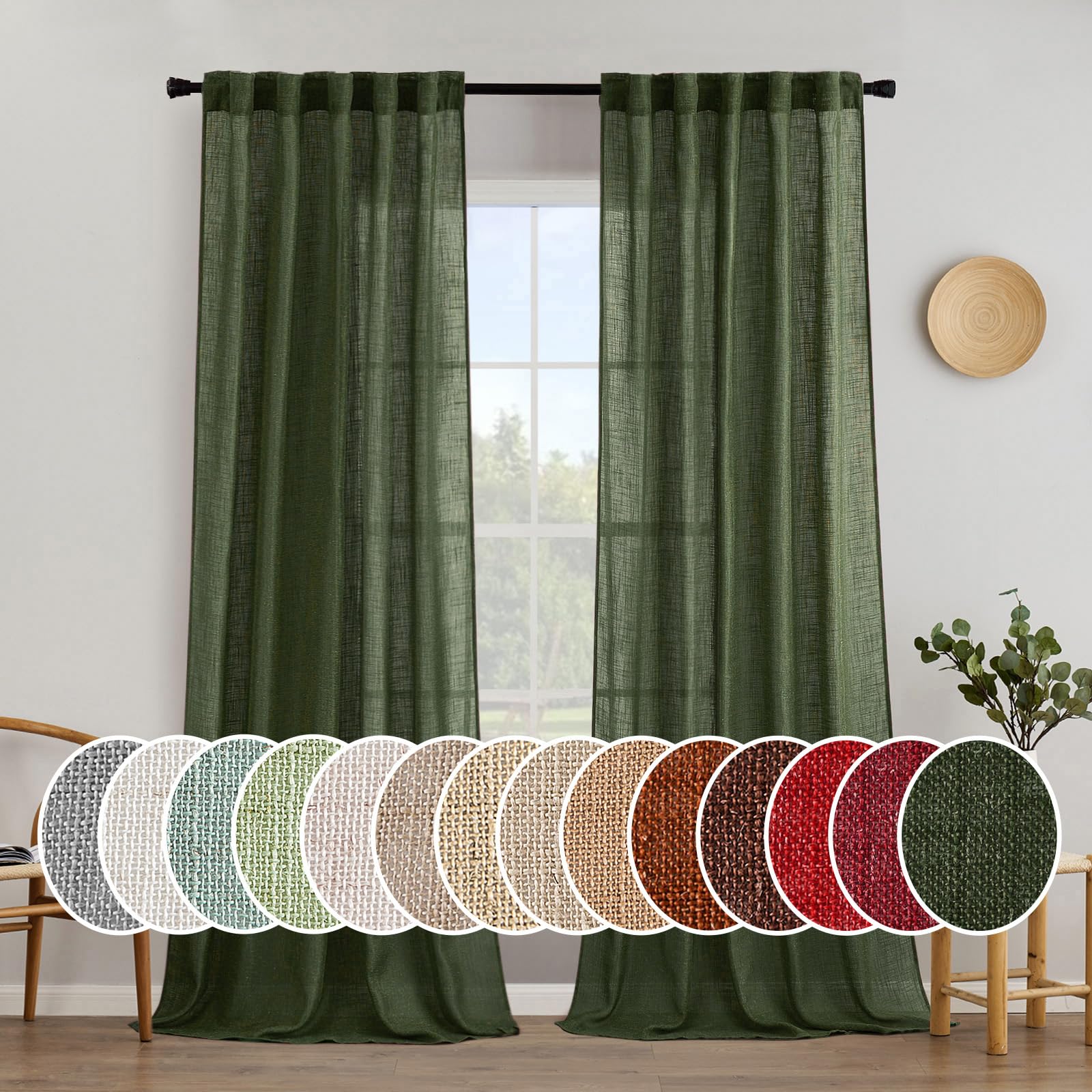 Miulee Olive Green Linen Curtains 102 Inch Length 2 Panels For Bedroom Living Room, Soft Thick Linen Textured Window Drapes Semi Sheer Light Filtering Back Tab Rod Pocket Burlap Look Decor