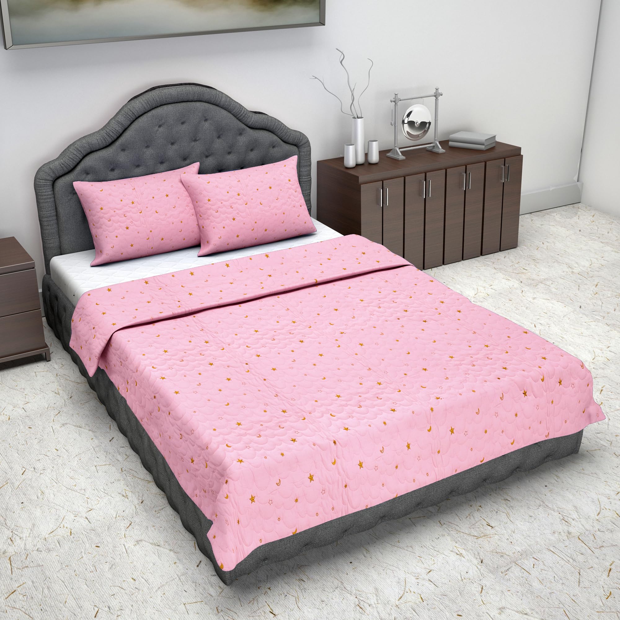 Divine Casa Pastel Moon Print Double Bed Bedspread Set  87X90 Inches  Lightweight With 2 Pillow Covers  Dream A Little Dream 