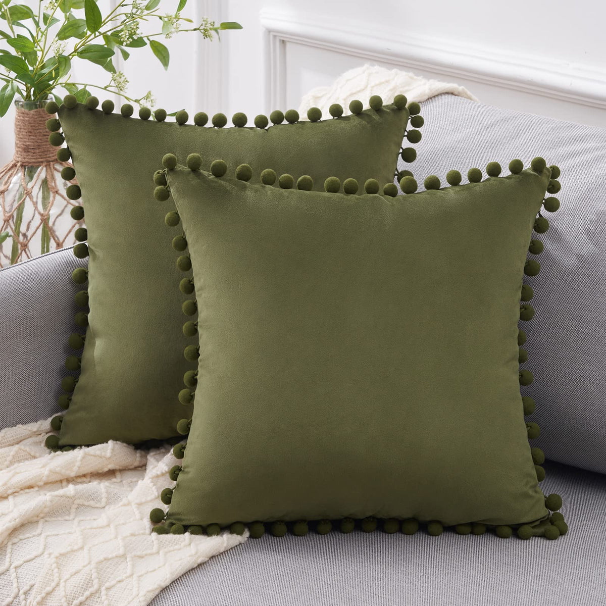 Top Finel Decorative Pillow Covers 18X18 Set Of 2, Olive Green Throw Pillow Covers For Couch Bed Sofa, Square Pillows Soft Velve