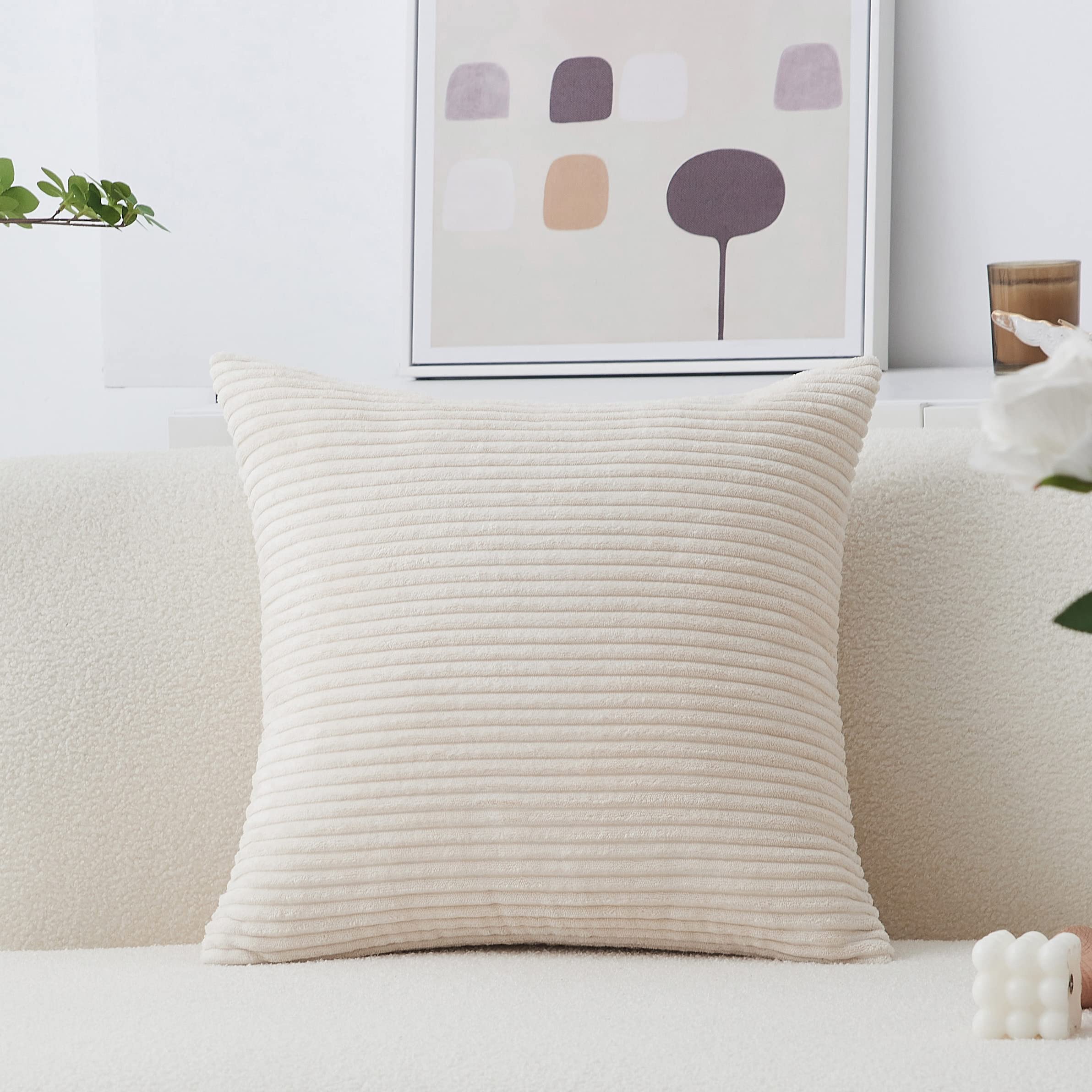 Home Brilliant Striped Velvet Corduroy Euro Throw Pillow Sham Large Cushion Cover For Chair, 24 X 24 Inch (60Cm), Cream Cheese