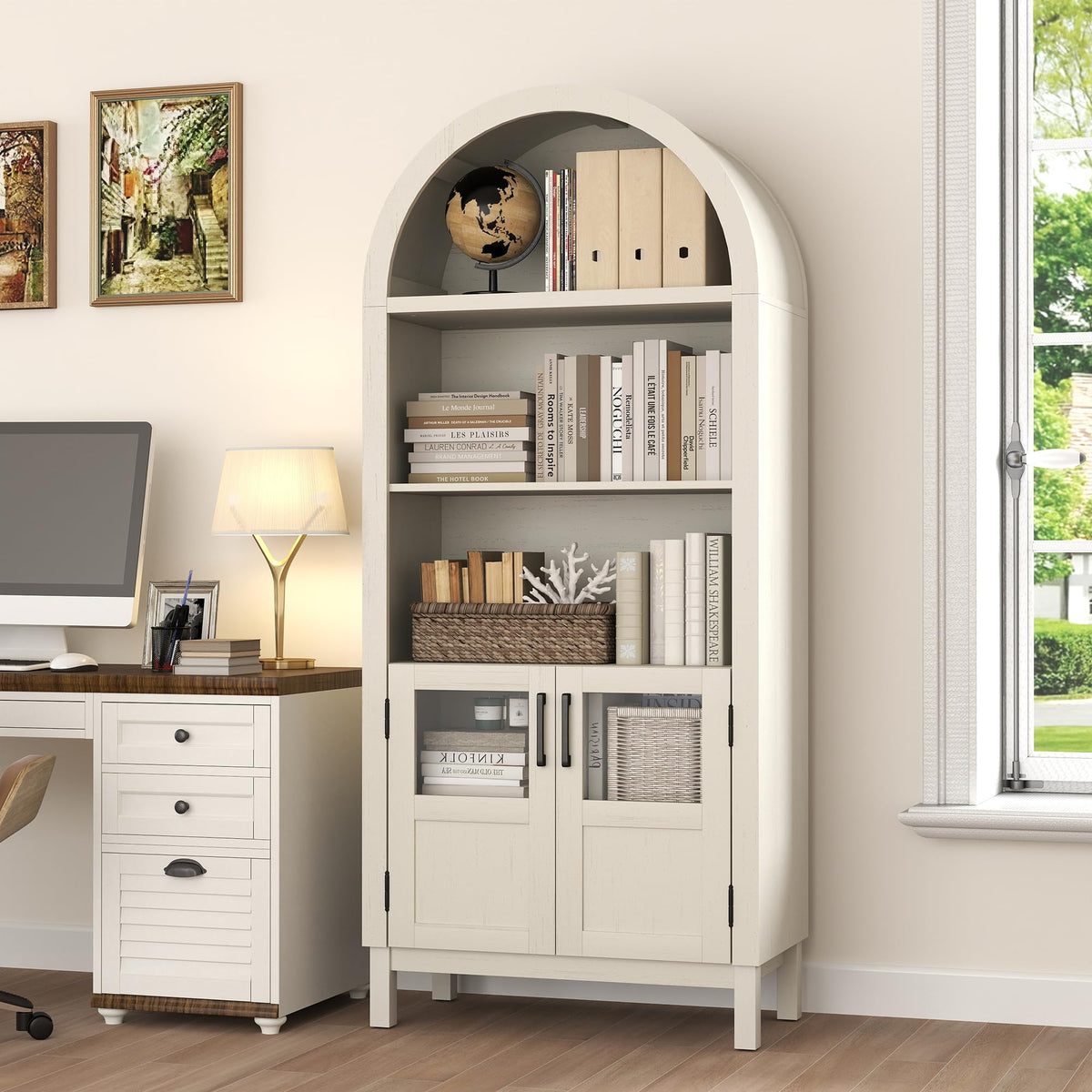 Bometao 70 ' Tall Arched Bookcase, 5-Tier Arch Bookshelf Cabinet With Open & Adjustable Shelves, Glass Door & Metal Handle, Dis