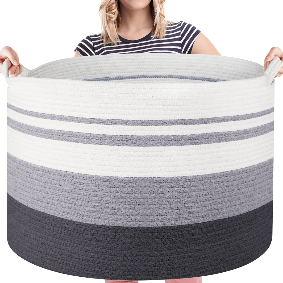 Wiselife Storage Basket Large Cotton Rope Basket 21.7'X 21.7' X 13.8' Baby Laundry Basket With Handle Big Basket Soft Nursery Cube Bin Laundry Hamper For Living Room(Gradient Grey)