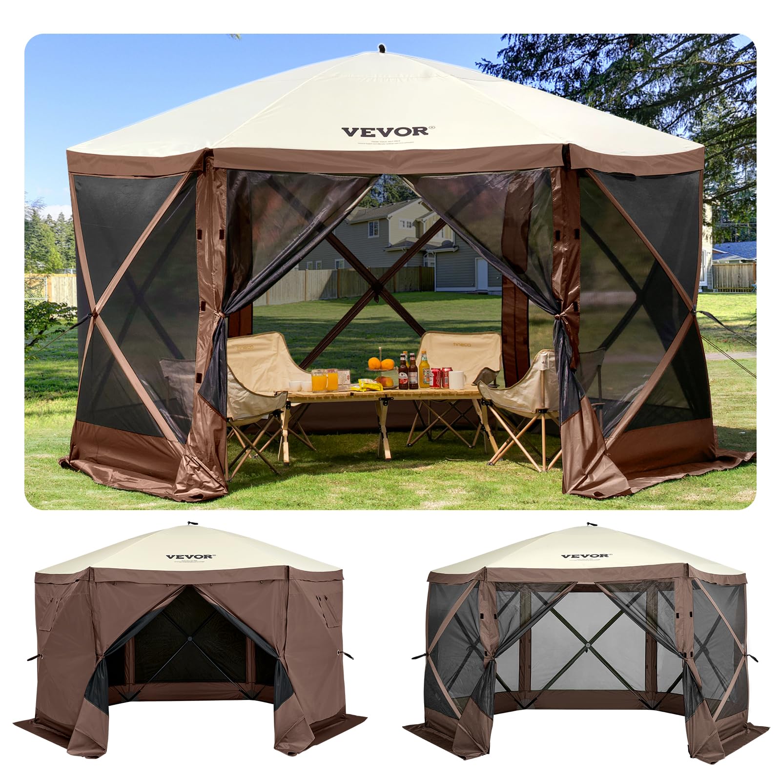 VEVOR Pop Up Gazebo Screen Tent 12.5x12.5FT Brown 300D Oxford Fabric