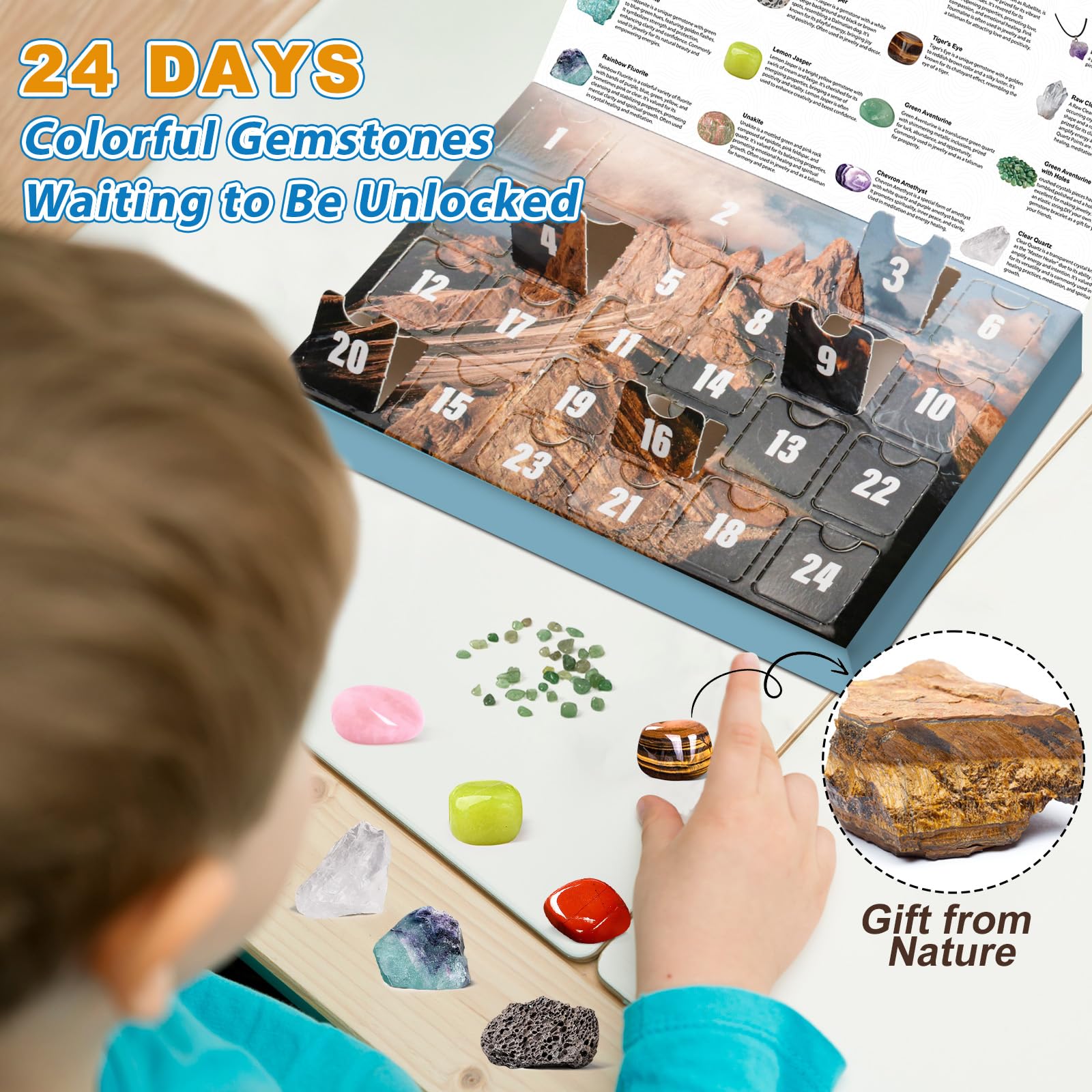 Crystal Advent Calendar 2024 Adult Kids-24 Days Rocks,Gemstones,Geode,Diy Bracelet,Crystal Necklace,Stone Learning Collection Ad