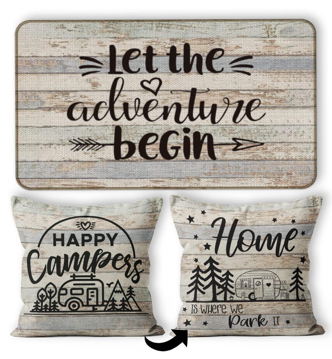 M-Qizi Camping Doormat Pillow Covers Set - 2 Pieces Of Set, 18X18 Pillow Cover And 30'X17' Camper Door Mat, Camping Pillow, Ca