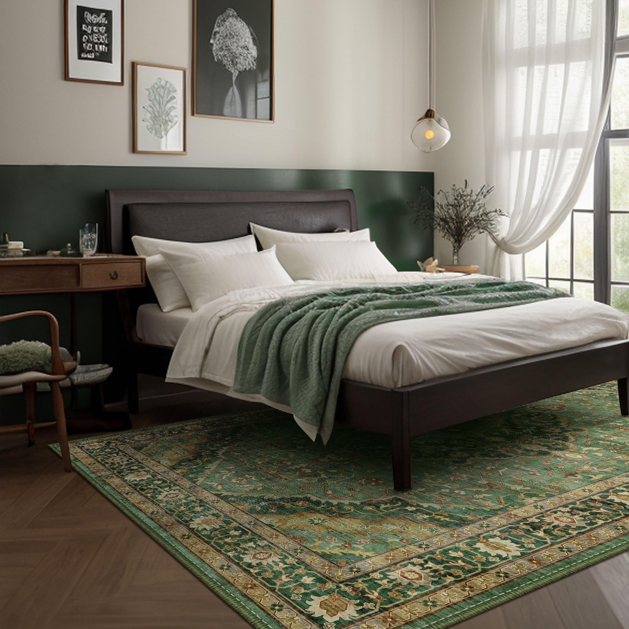 Green Rug 5x8 Area Rugs for Bedroom Washable Rugs Boho Vintage 5x8 Rug for Living Room Carpet Non-Slip Family & Pet Friendly Are
