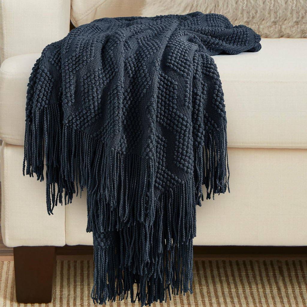Bourina Throw Blanket Textured Solid Soft Throws And Blankets For Sofa Or Bed Knitted Decorative Blanket Ripple 50X60 Inches Nav