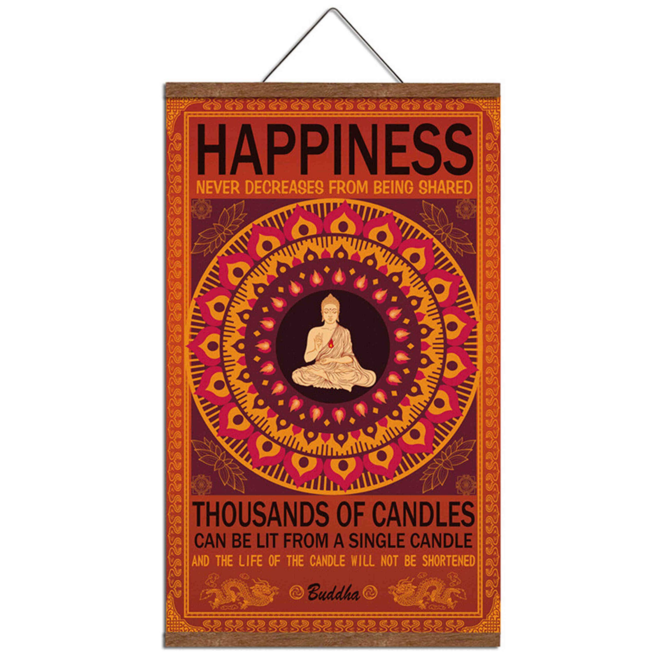 Buddha Lucky Happy Wall Art Zen Decor Printed on Canvas with Scroll Wood Frame Hanger Poster Quote Motivational Home Decor Hangi