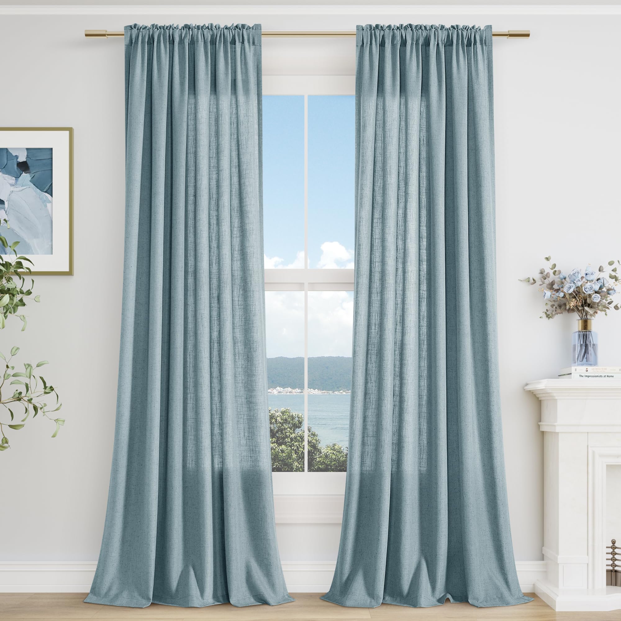 Guken Blue Linen Curtains 108 Inch Length For Living Room Bedroom 2 Panels Set Rod Pocket Light Filtering Semi Sheer Window Curt