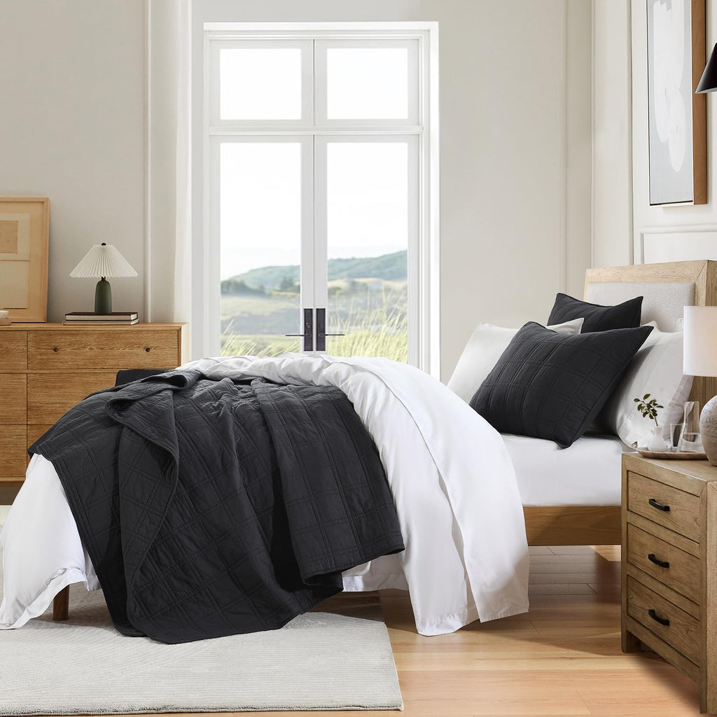 Horimote Home 100% Cotton Quilt Set Queen Size, Charcoal Pre-Washed Bedspreads Coverlet Set In Geometric Pattern, Cozy Lightweig