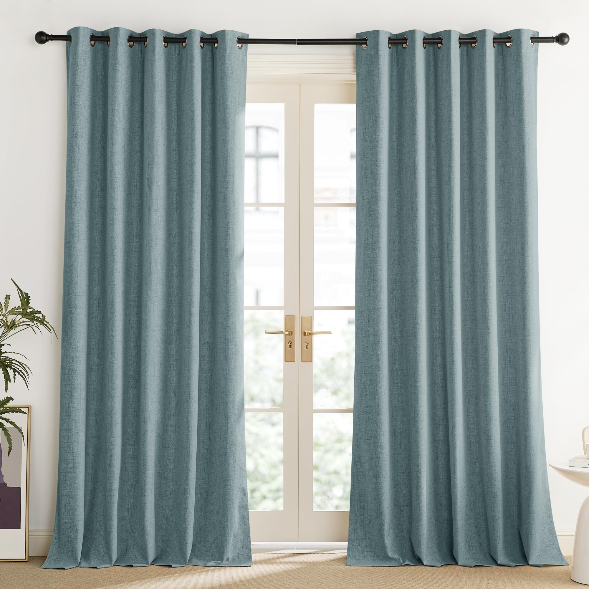 NICETOWN 100% Absolutely Blackout Linen Curtains with Thermal Insulated Liner, Skylark Blue, 62 Wide, 108 Length Energy Saving C