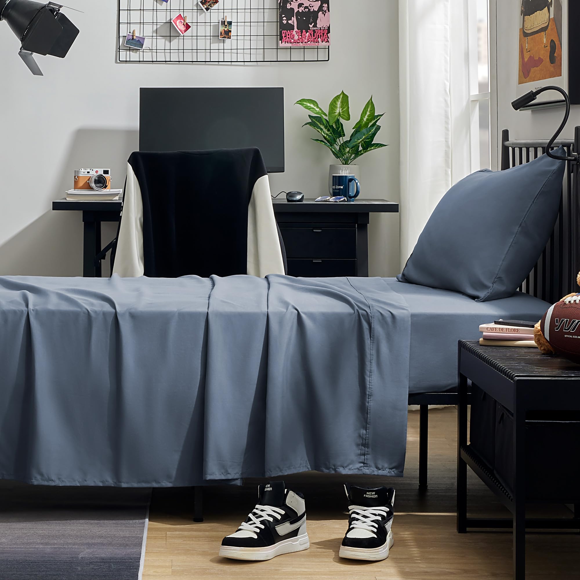 Sleep Zone Nanotex Super Soft Cooling Twin Bed Sheets Set For Kids 3 Piece - Easy Care Fitted Flat Sheet & Pillowcase Sets - Wrinkle Free, Fade Resistant, Deep Pocket 16' (Flint Blue, Twin)