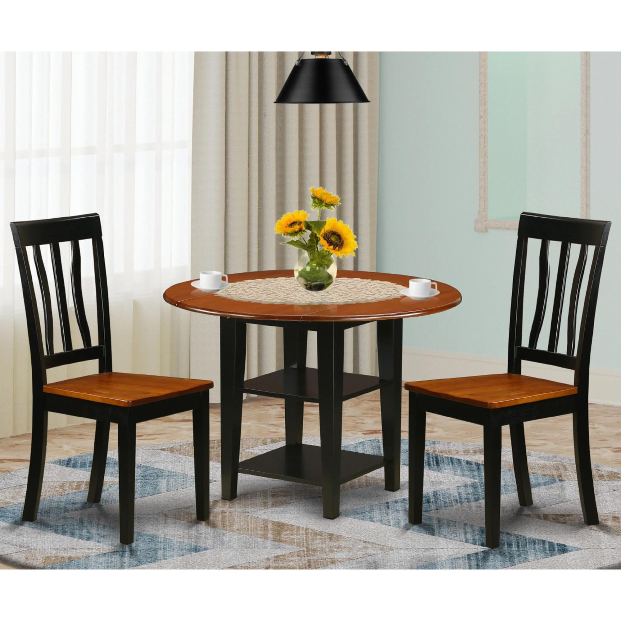 East West Furniture Suan3-Bch-W 3 Piece Dining Room Table Set Contains A Round Dining Table With Dropleaf & Shelves And 2 Wood Seat Chairs, 42X42 Inch, Black & Cherry