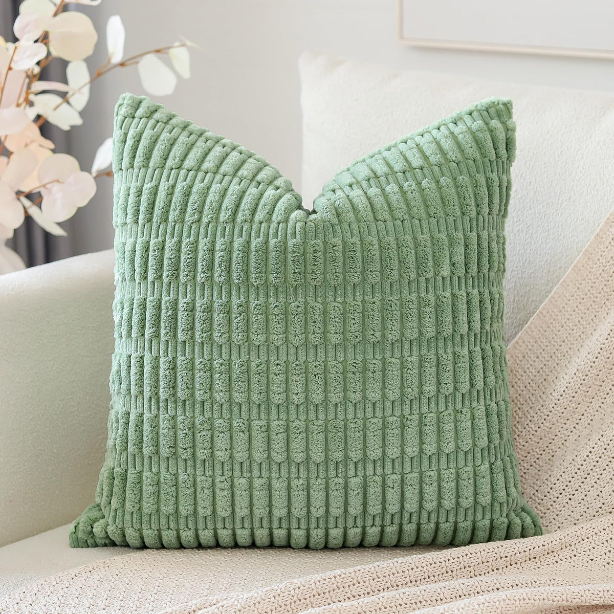 Otostar Corduroy Decorative Throw Pillow Covers 18X18 Inch Super Soft Boho Striped Square Pillow Covers Case Modern Cushion Covers For Sofa Couch Bedroom Car Decor Sage Green