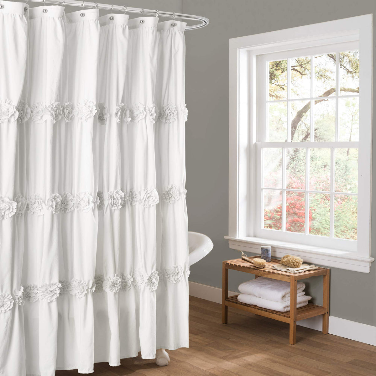 Lush Decor Darla Ruched Floral Bathroom Shower Curtain, 72    X 72   , White