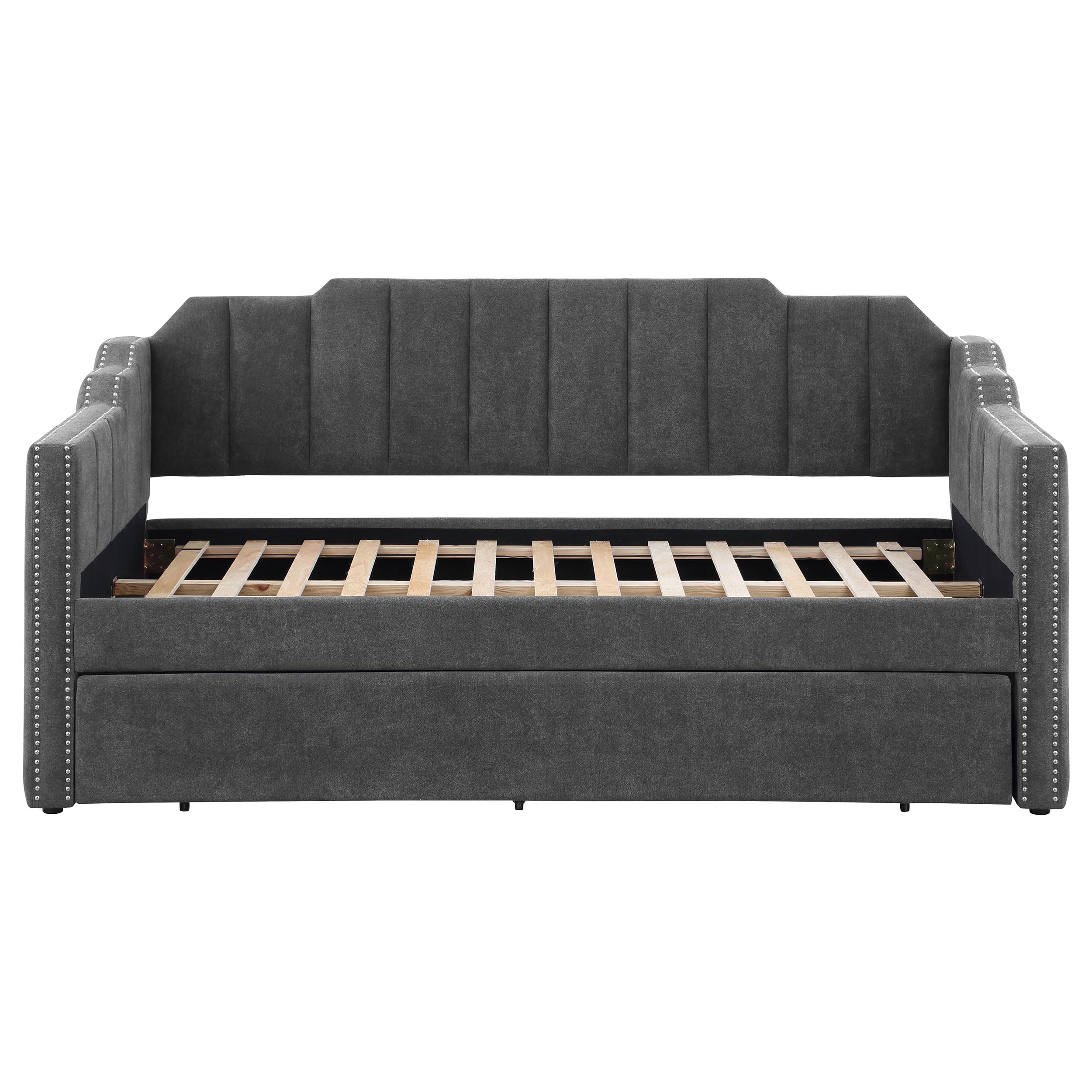 Coaster Home Furnishings Kingston Modern Classic Fabric Upholstered Twin Size Channel Tufted Daybed with Trundle Bed for Guestroom 42-inch Headboard Bedroom Lounger Charcoal 315962