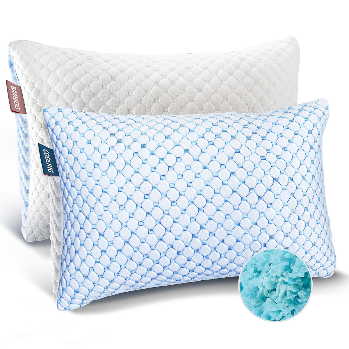 Nestl Cooling Pillow, Shredded Memory Foam Pillows Queen Size Set Of 2, Gel Infused Cool Pillow, Adjustable Cooling Pillows For