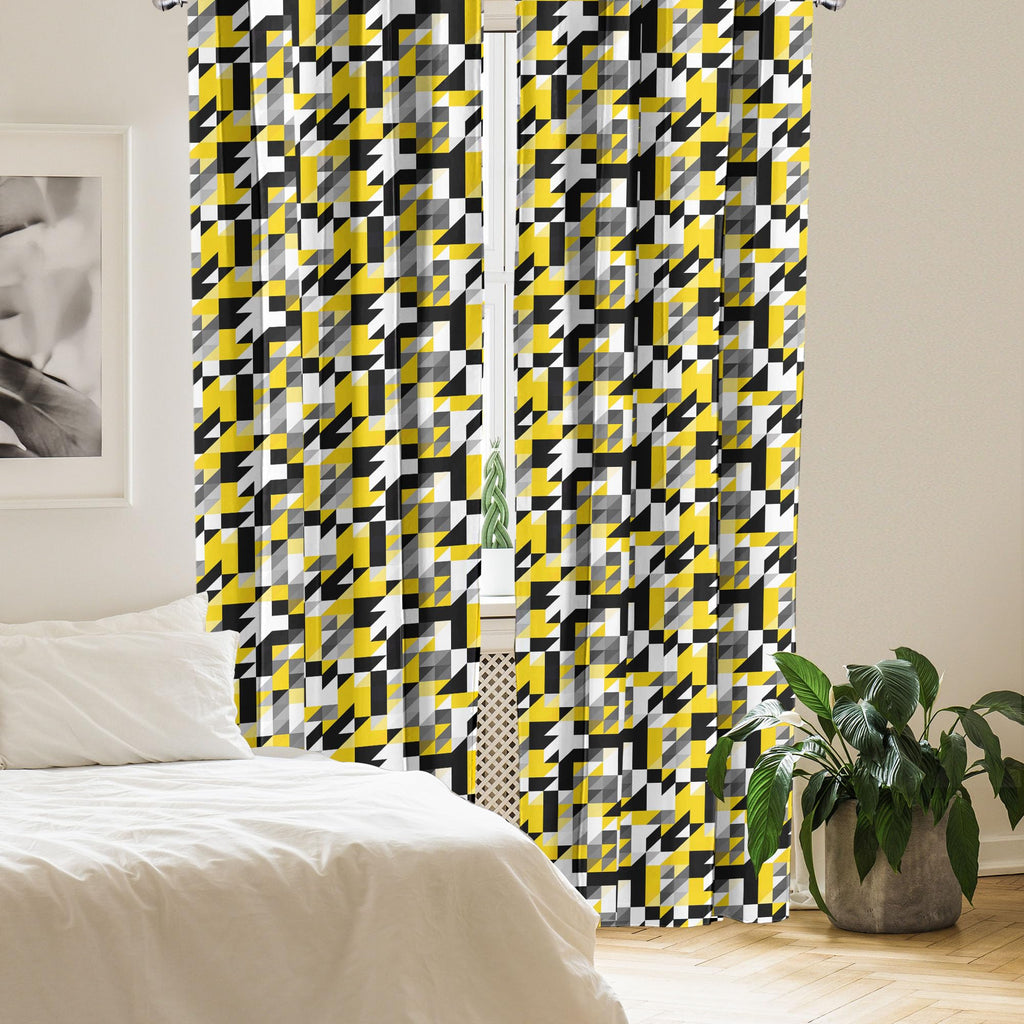 Ambesonne Yellow And White Curtains, Geometric Design With Triangles Squares And Houndstooh Inspiration, Window Treatments 2 Pan