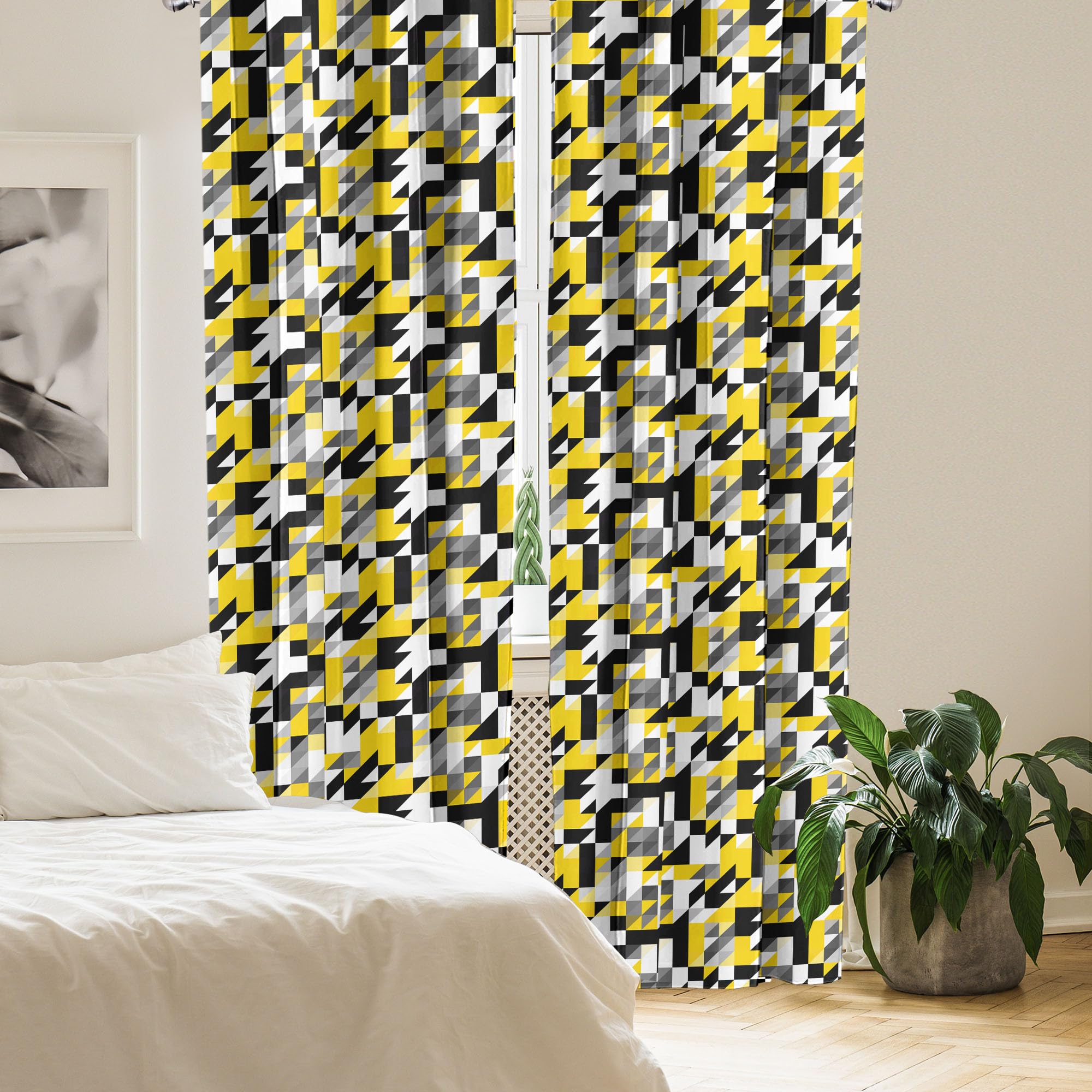 Ambesonne Yellow And White Curtains, Geometric Design With Triangles Squares And Houndstooh Inspiration, Window Treatments 2 Pan
