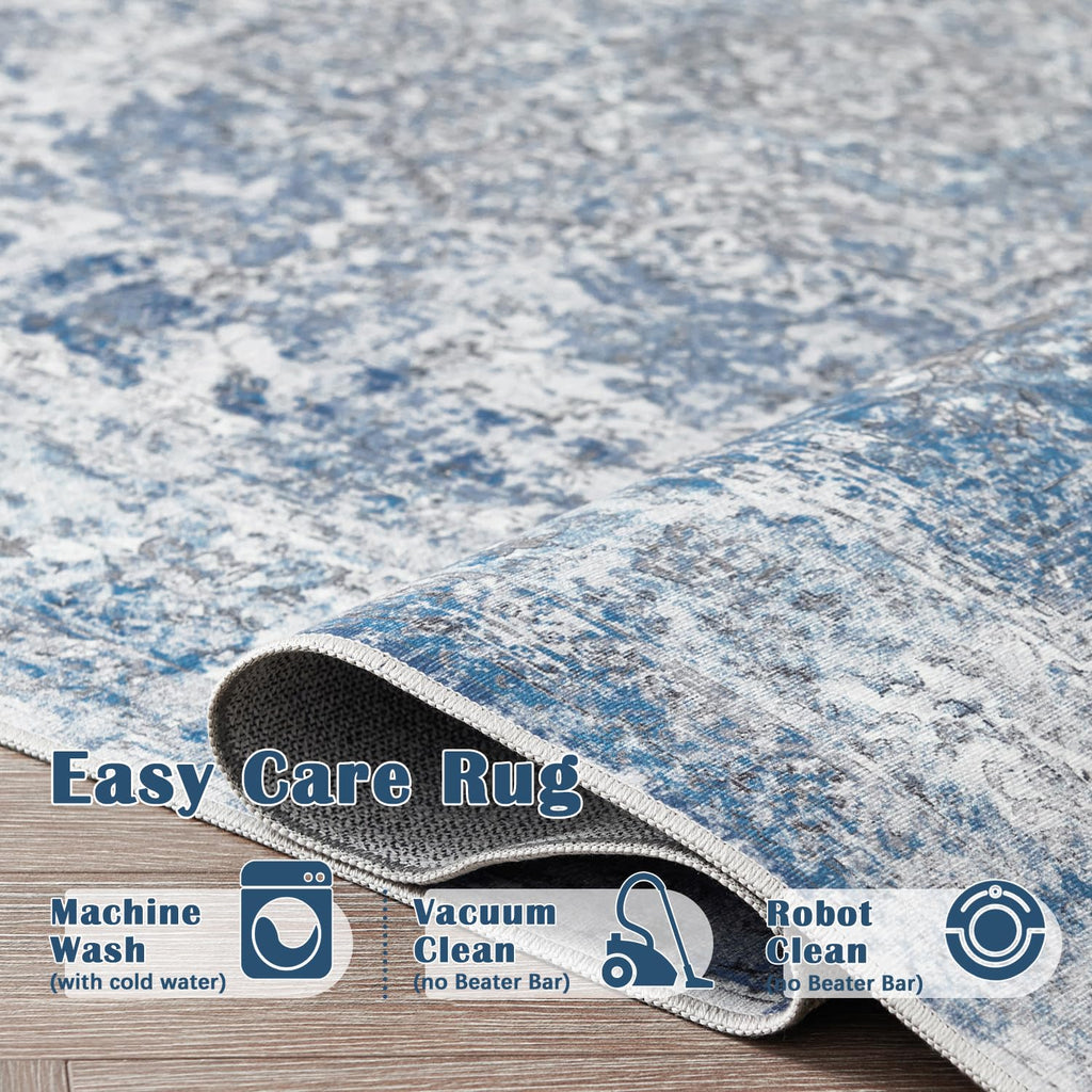 Jinchan Area Rug 2X8 Washable Rug Runner Rug Hallway Vintage Blue Distressed Rug Kitchen Indoor Thin Rug Traditional Floral Prin