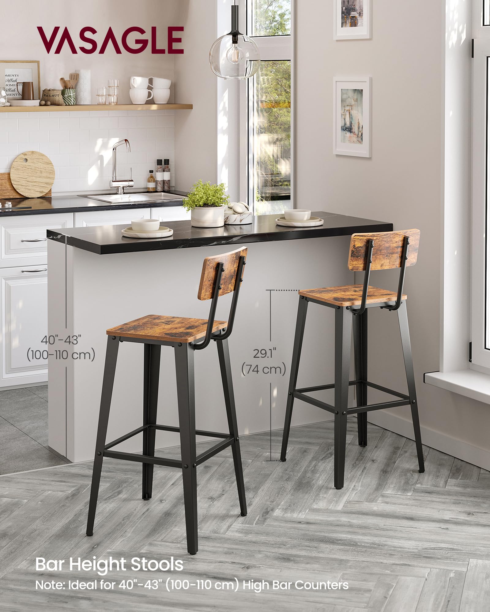 Vasagle Set Of 4 Bar Stools, Bar Height Stools, Tall Bar Stools With Back, Bar Chairs, Steel Frame, Industrial Style, Easy Assembly, Rustic Brown And Ink Black Ulbc278B01