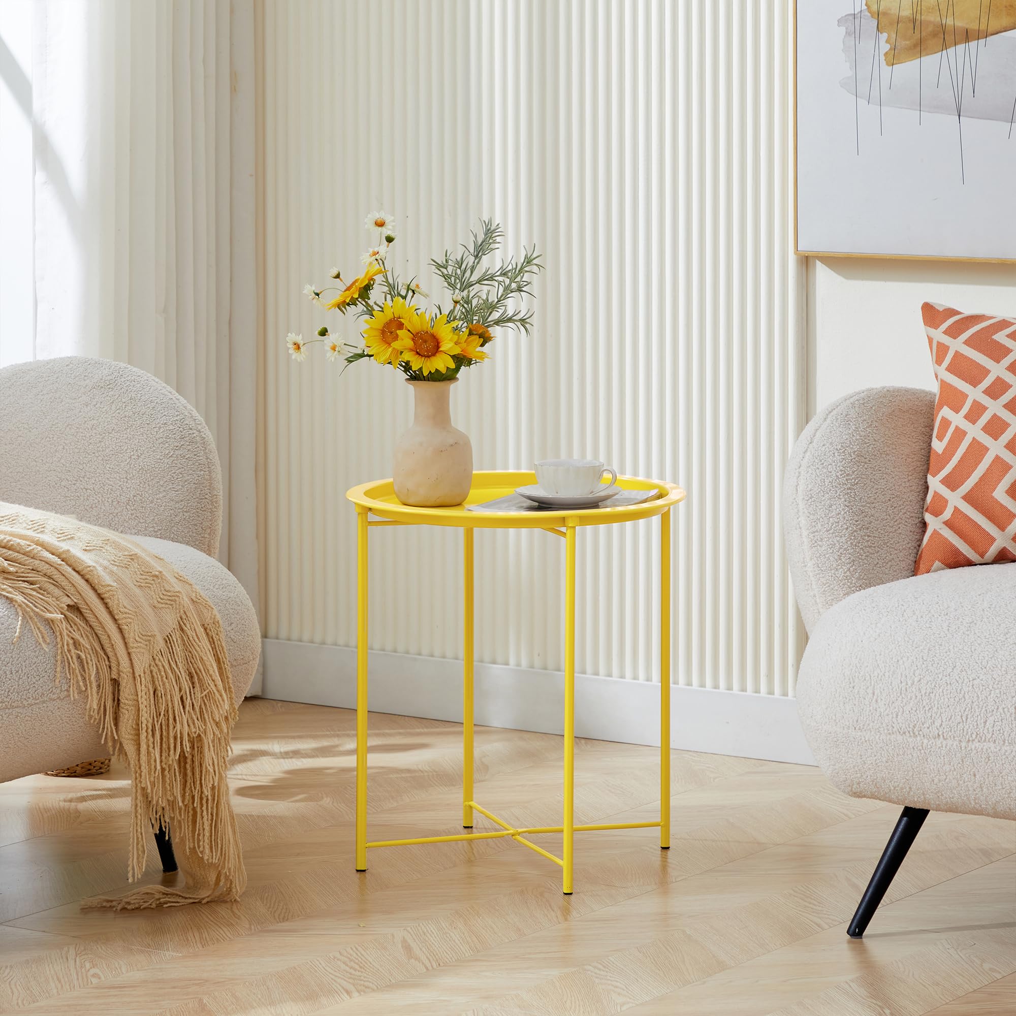 Vecelo Side/End Table, Folding Round Metal Anti-Rust And Waterproof Outdoor Or Indoor Tray For Living Room Bedroom Balcony And Office, 2 Pcs, Yellow