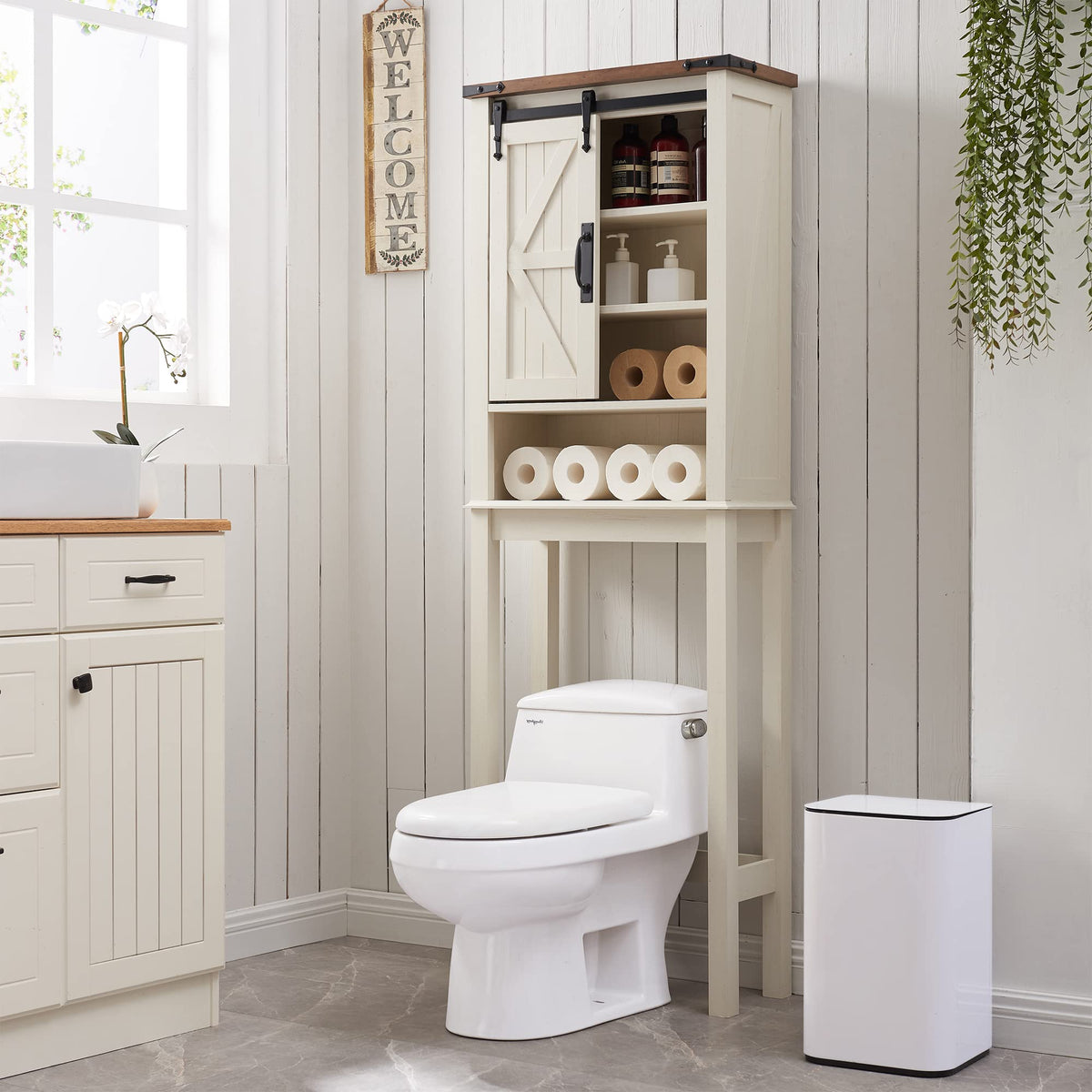 Okd Over The Toilet Storage Cabinet, Farmhouse Storage Cabinet Over Toilet With Sliding Barn Door & Adjustable Shelves, Home Space Saver For Bathroom, Living Room, Rustic Oak With Antique White