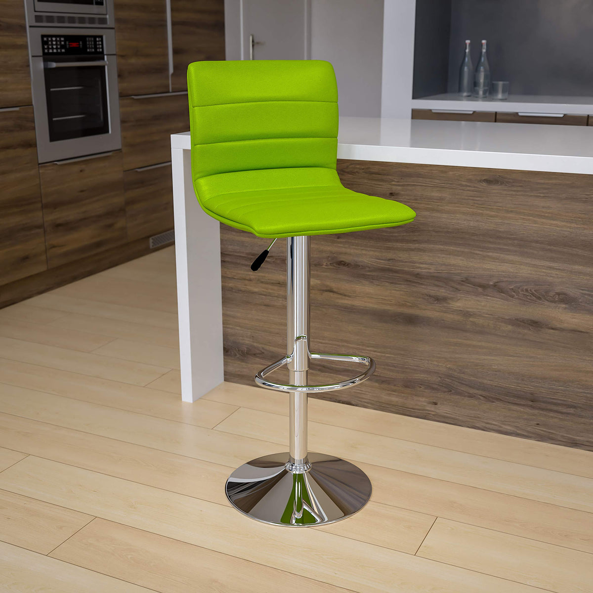 Flash Furniture Vincent Modern Green Vinyl Adjustable Bar Stool with Back, Swivel Stool with Chrome-Pedestal Base and Footrest