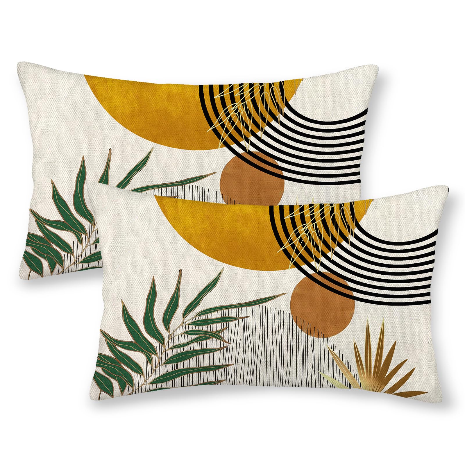 Boho Pillow Covers 12X20 Set Of 2 Green Yellow Gold Throw Pillow Cover Outdoor Decor Mid Century Bohemian Style Tropical Leaves