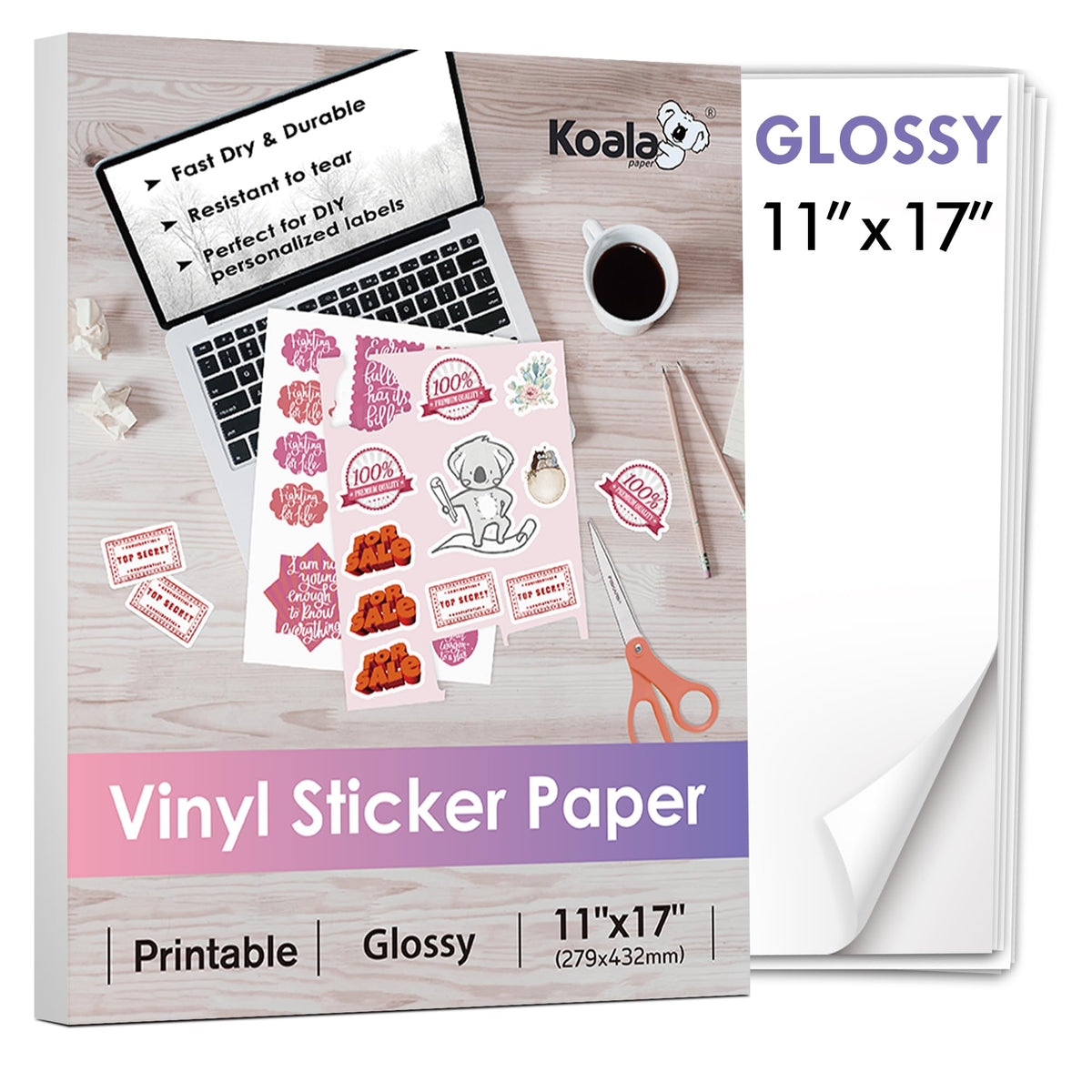 Koala Printable Vinyl Sticker Paper For Inkjet Printer 11X17 Inch - 10 Sheets White Glossy Sticker Paper, Waterproof Sticker Pri